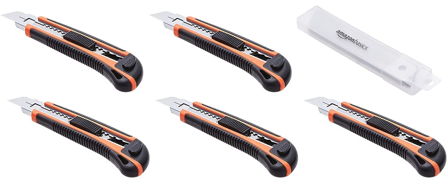 Heavy Duty Retractable Ergonomic Handle Utility Knife, Multi-Position Locking Blade with 10 Replaceable Sharp Blades in Container, Pack of 5, Orange/Black
