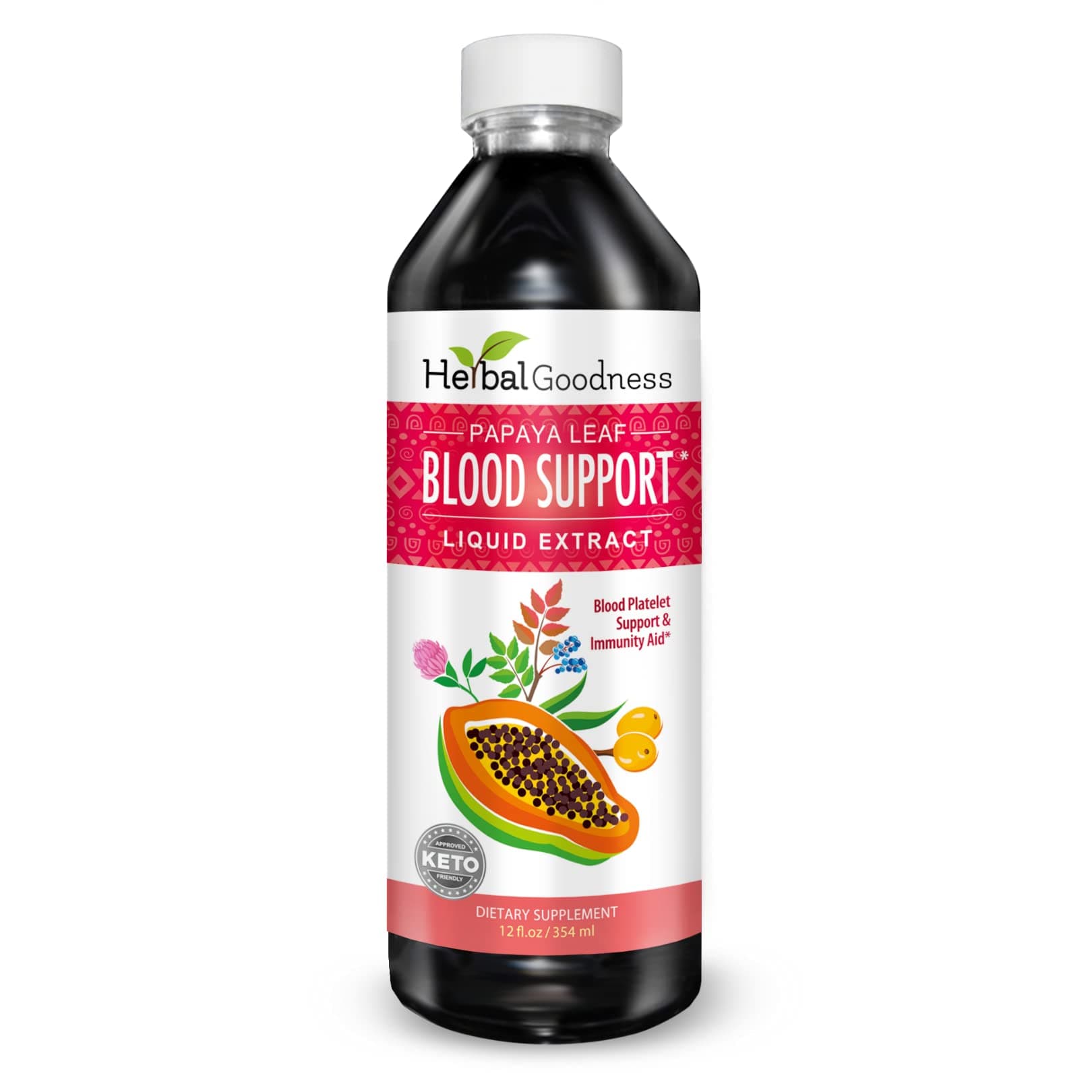 Herbal Papaya Leaf Blood Support Liquid - 15X Strength - Leaf Extract - Healthy Platelets, Blood Cleanse, Digestion, Enzyme -12oz Liquid - Goodness (1 bttl)