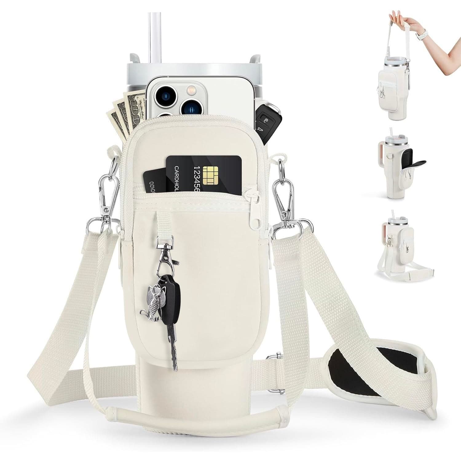 Water Bottle Carrier Bag for Stanley Cup 40/30oz with Phone Holder Pockets,Neoprene Water Bottle Cross-body Bag with Adjustable Shoulder & Hand Strap Stanley Cup Accessories