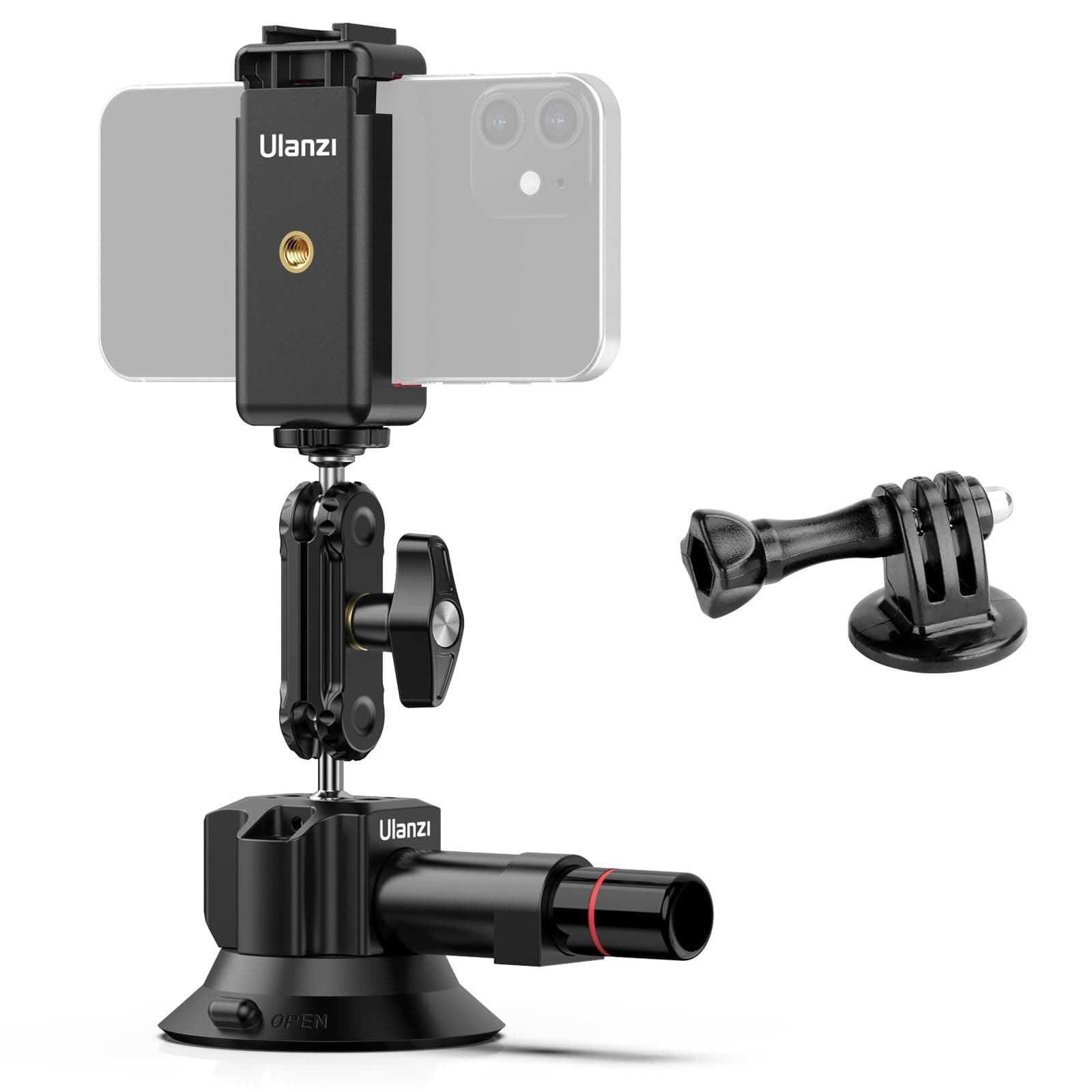UURig SC-01 Suction Mount 3" for Vlogging Action Camera Car w Smartphone Clamp Compatible with DJI OSMO Pocket 3/OSMO 360/Insta 360 x5/Xtra/iPhone 17 16 15 14Pro Max, 1/4" Magic Arm Windshield Window