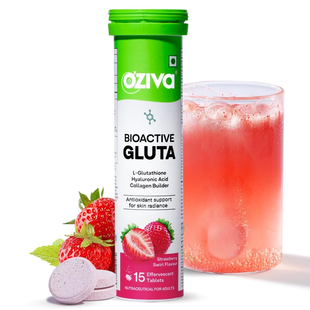 OZiva Bioactive Gluta to Reduce Cellular Damage & Pigmentation for Even Skin Tone | 100% Natural with L-Glutathione, Asthaxanthin & Lycopene | For Women & Men | 15 Tablets, Strawberry