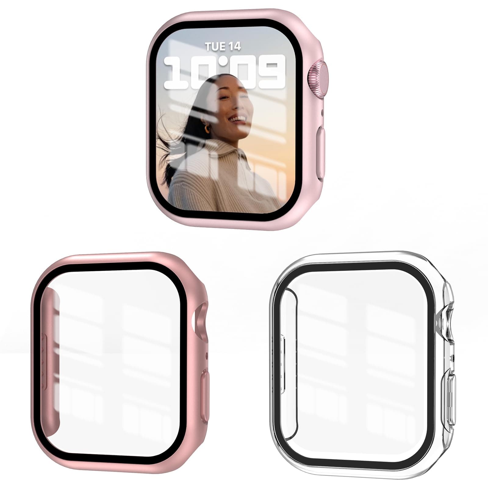 3 Pack Case Compatible with Apple Watch Serie9/8/7 45mm with Tempered Glass Screen Protector, EWUONU Hard PC Full Cover Ultra-Thin HD Bumper Protective Cover for iWatch 45mm, Rose Gold/Pink/Clear