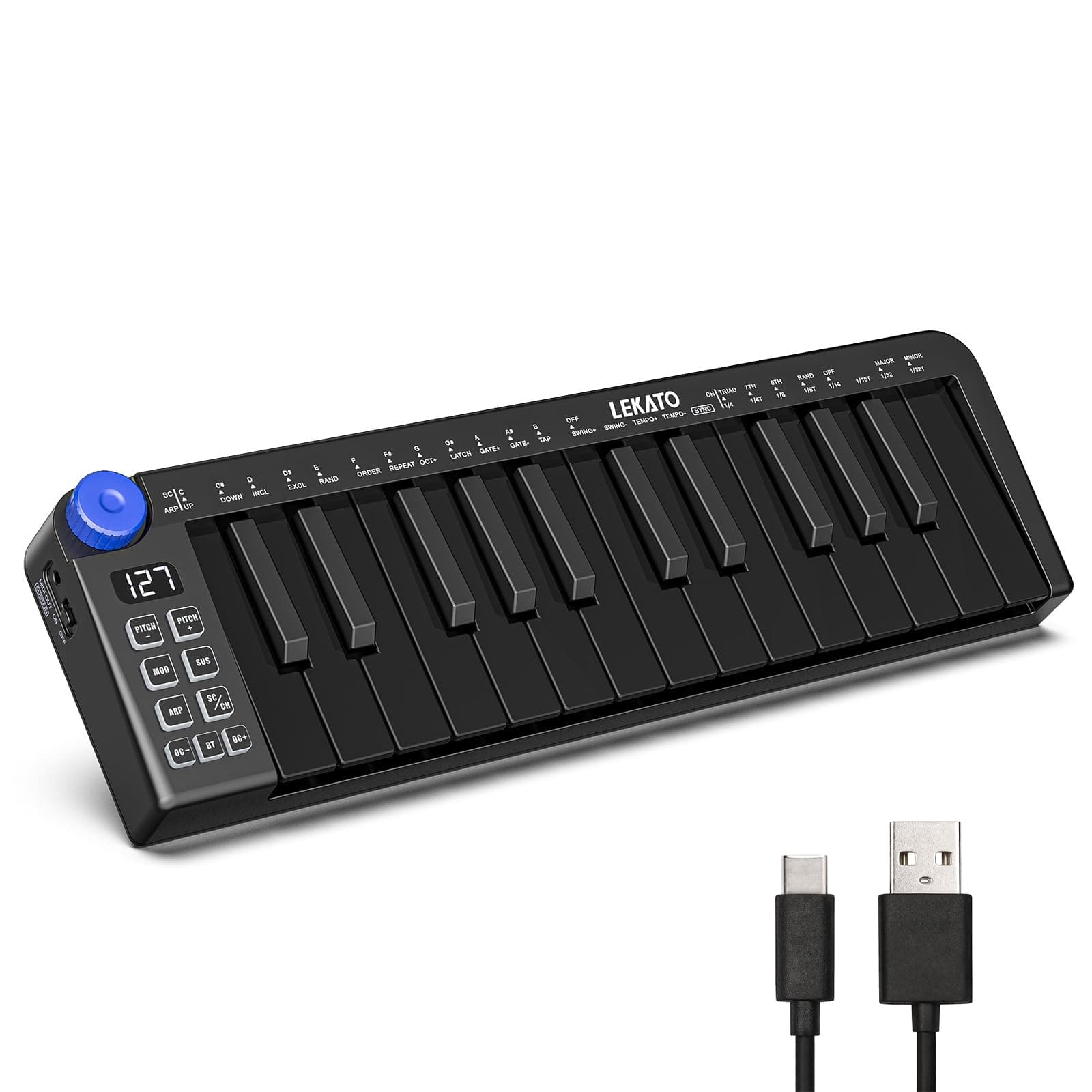 LEKATO 25 Key MIDI Keyboard, Mini MIDI Controller USB Bluetooth MIDI Keyboard with Velocity-Sensitive Mini Keys, 360 Knob and Music Production, Small MIDI Keyboard, Rechargeable Portable