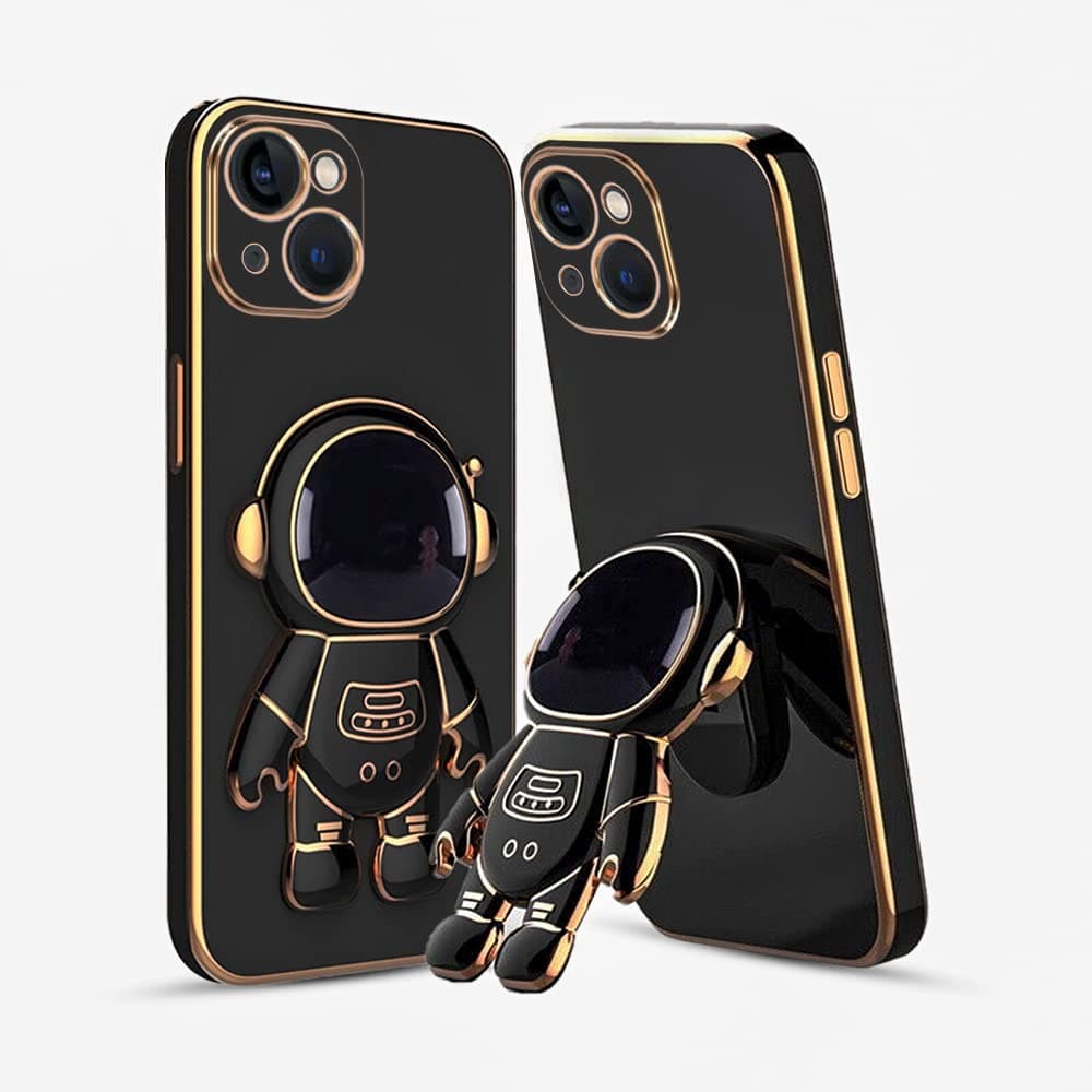 KARWAN®️ 3D Astronaut with Folding Stand Back Cover Case Compatible for iPhone 14 Plus | Slim electroplated case | Stand case | Soft TPU | Space Astro Theme | Camera Protection-Black