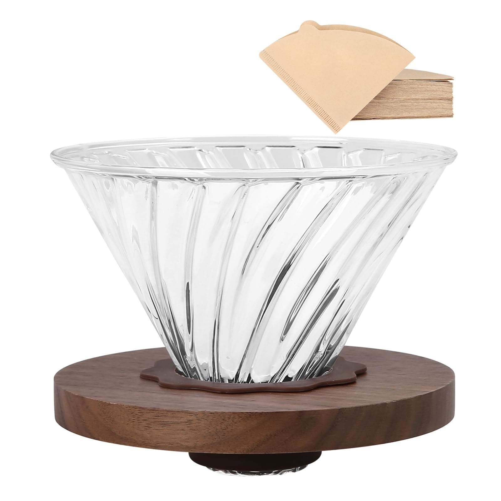 Lalord Pour Over Coffee Dripper with 100 pcs Size 02 Paper Filter, Walnut Handle and Borosilicate Glass, Glass Coffee Dripper, Hold for 1-4 Cups