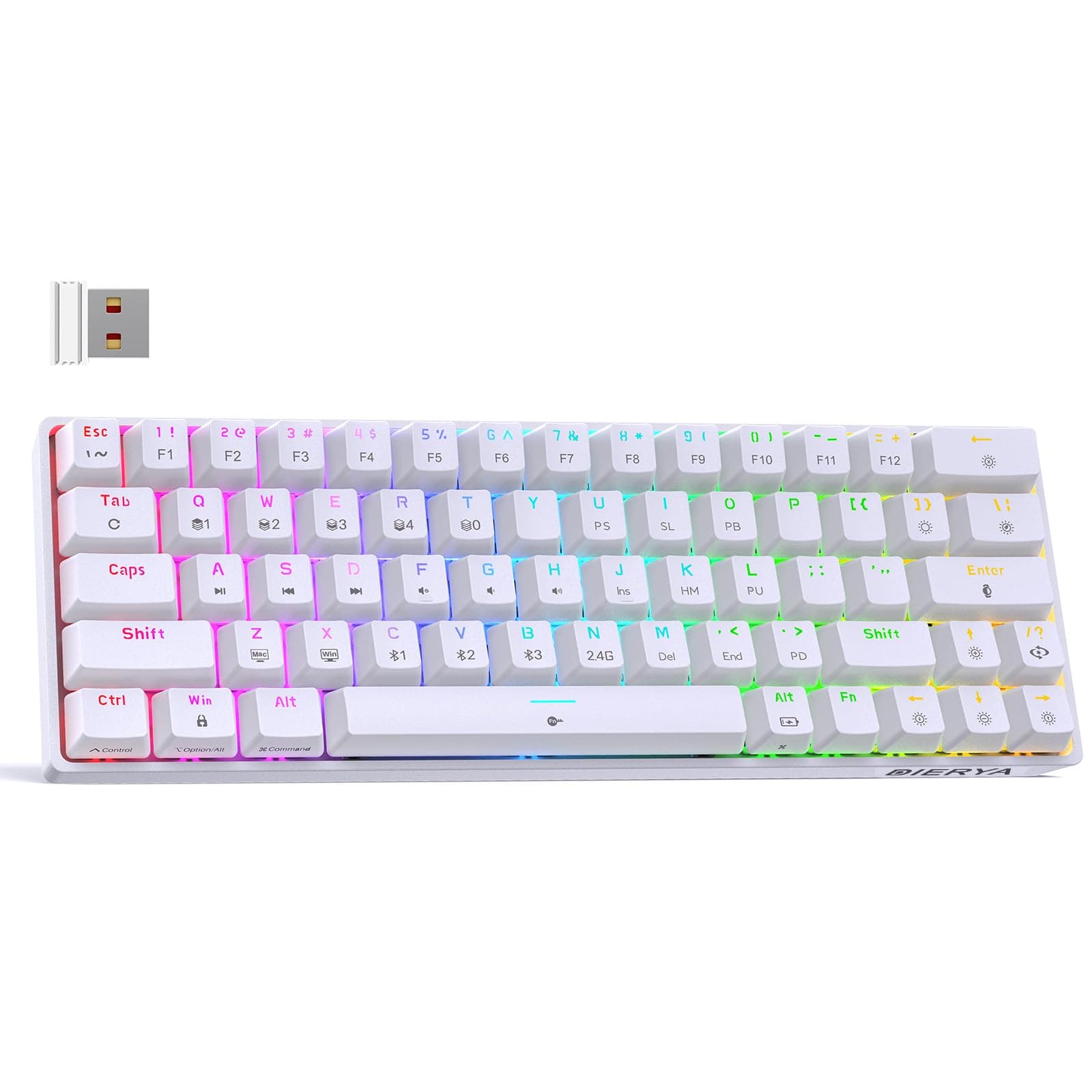 DIERYA DK63 60% Wireless Mechanical Gaming Keyboard | Bluetooth/2.4G/Wired Keyboard | RGB Backlit Compact 63 Keys Mini Office Keyboard | with Red Switch | for Windows Laptop PC Gamer Typist-White