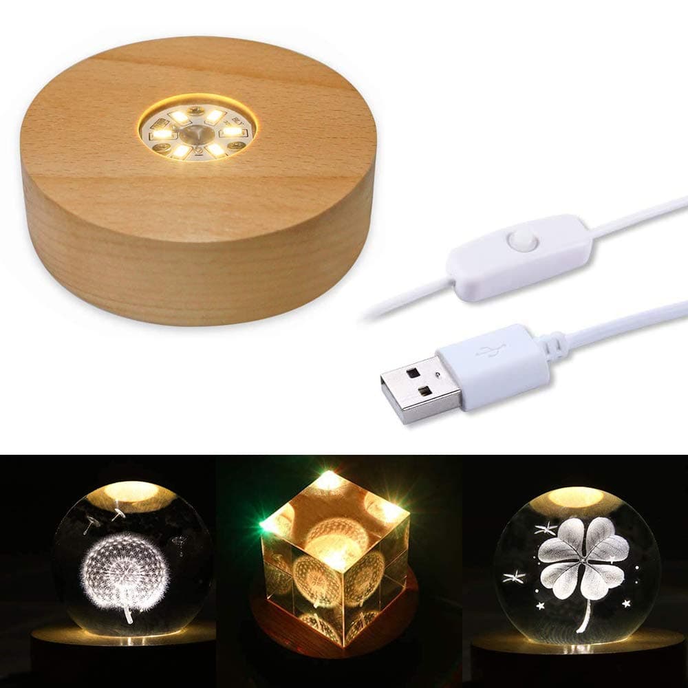 CDIYTOOL Wooden LED Light Base, Round LED Light Dispaly Base Plate Desktop Display Base Stand Ornament Powered by USB for Crystal Ball Jewelry Glass Resin Art Vase Acrylic