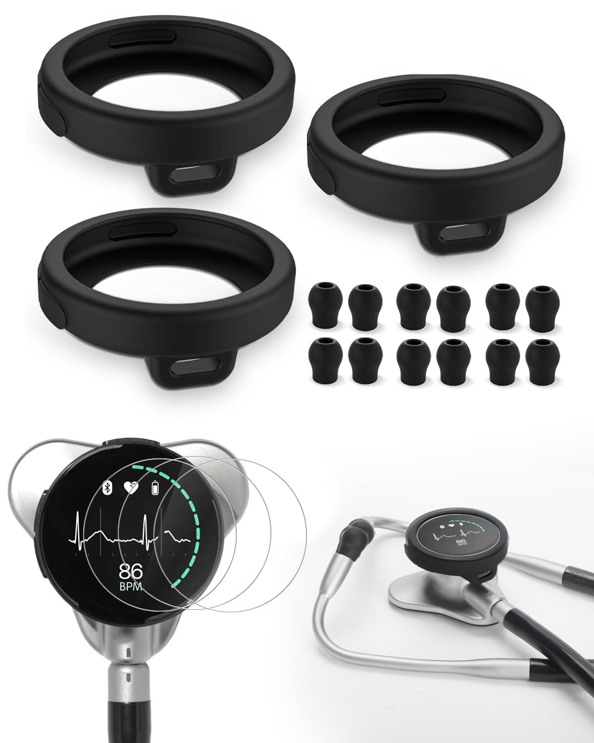 Protection Kit for Eko Core 500 Digital Stethoscope, 3 Tempered Glass Screen Protectors, 3 Silicone Protective Covers, 12 Replacement Ear Tips, Stethoscope Accessories for Eko Core 500 Daily Use