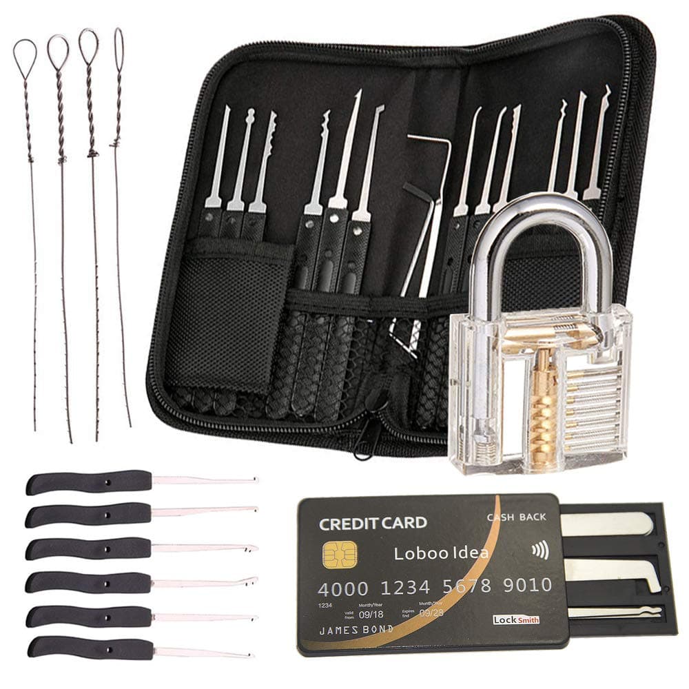 Loboo Idea 17-Piece Lock Pick Set/Lock Picking Kit with 5-Piece Credit Card Tool Kit. Broken Key Extractor Kit and Training Lock, Lockpicking Key Extractor Tool and Transparent Exercise Padlock