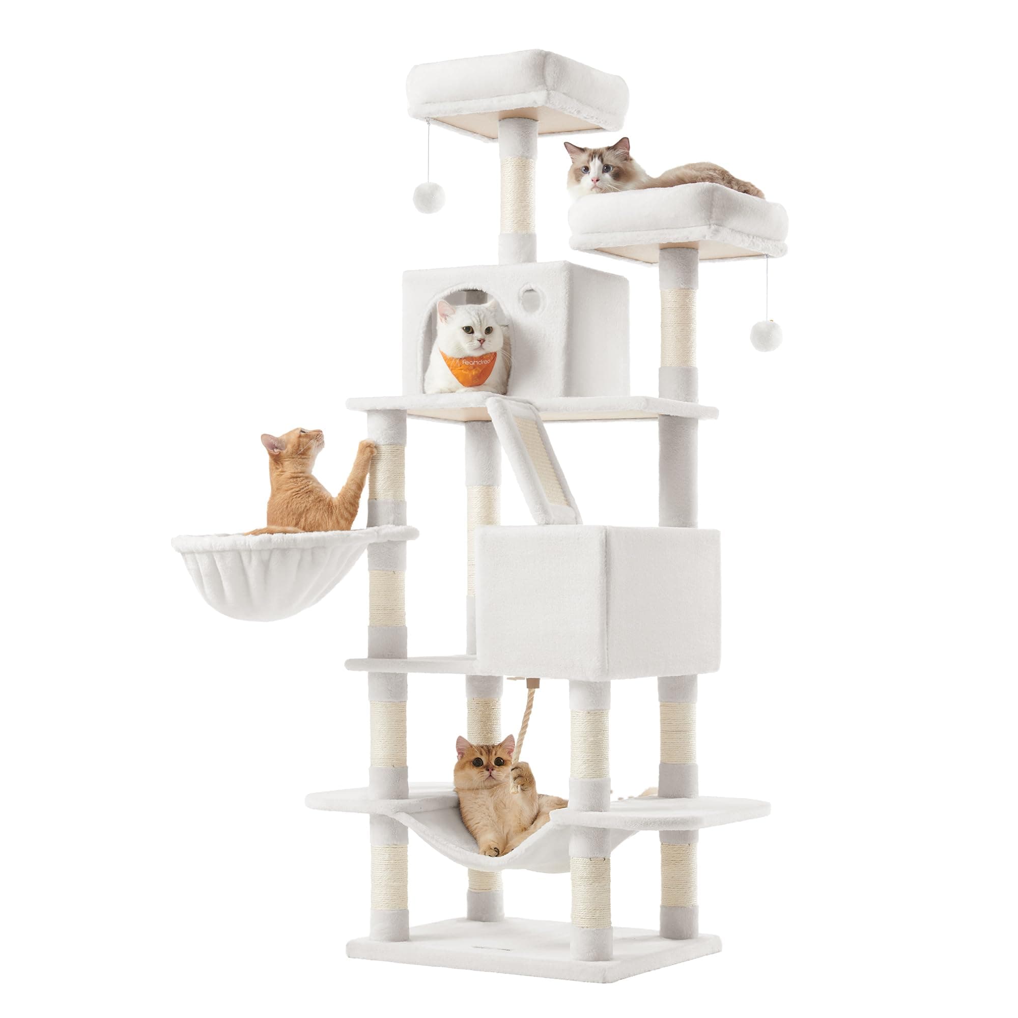 Feandrea Cat Tree, 66.1-Inch Large Cat Tower, Multi-Level Plush Condo with 13 Scratching Posts, 2 Perches, 2 Caves, Basket, Hammock, Pompoms, Cream White UPCT165T01