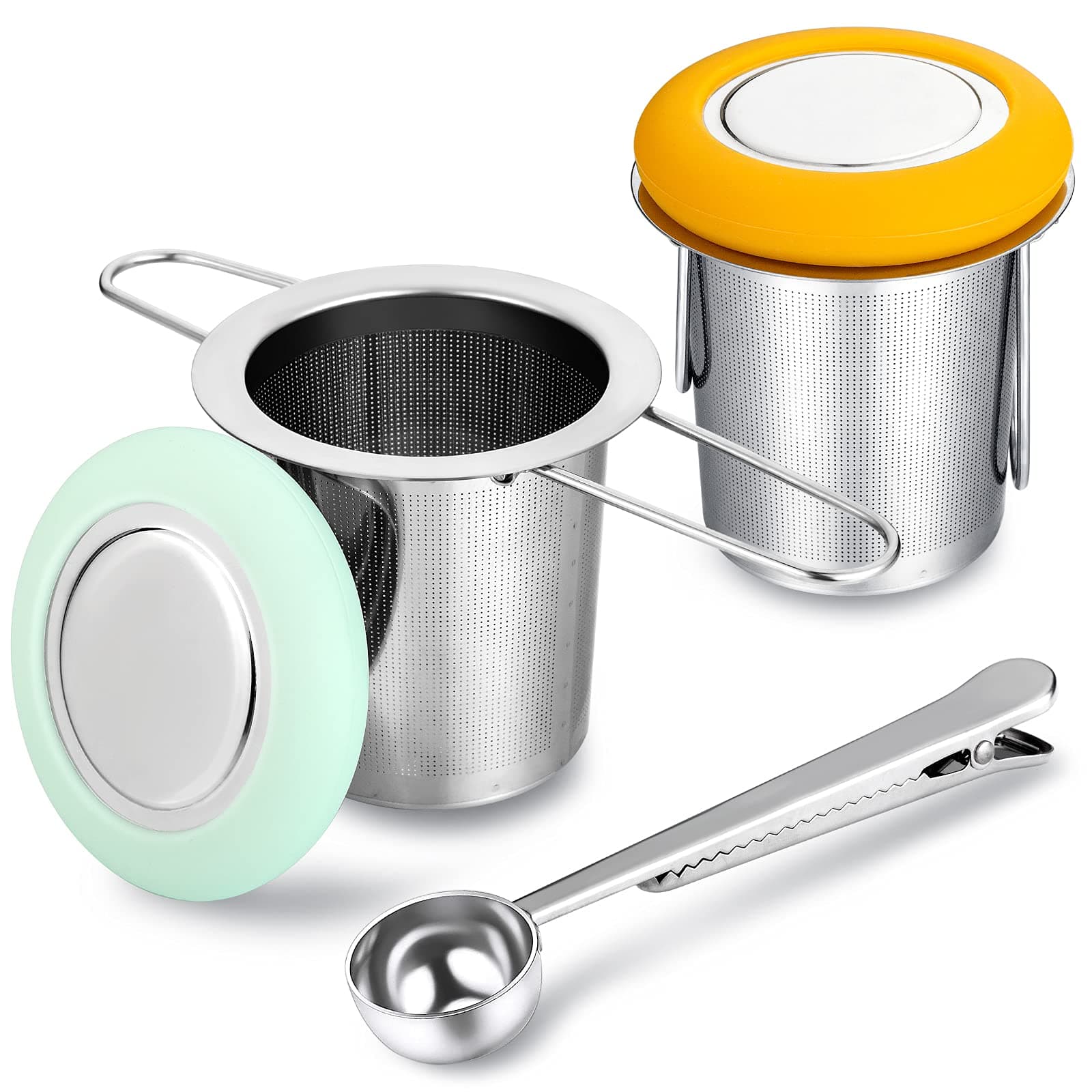 DJ 2 Pack Tea Infusers with Tea Scoop 188 Stainless Steel Tea Strainer with Folding Handle Tea Filter Extra Fine Mesh Strainer Brewing Basket with Silicone Lid for Loose Leaf Tea,Blue and Orange