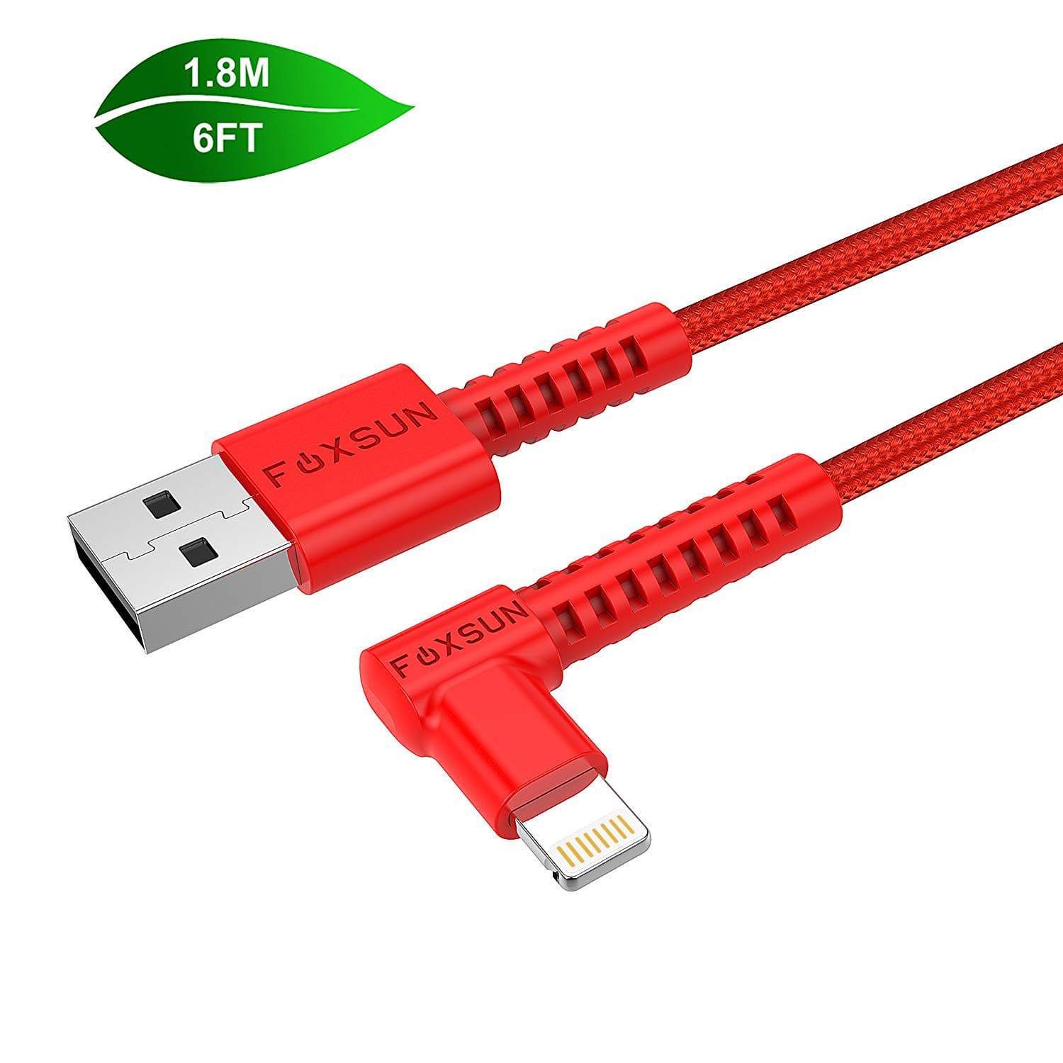 Right Angle 90 Degree Lightning to USB Cable- Apple MFi Certified, Nylon Braided Fast Charging Cable for iPhone X/XS/XR/XS MAX/ 8/8 Plus/7/7 Plus/6/6 Plus/5s/iPad and More (Red/1.8m)