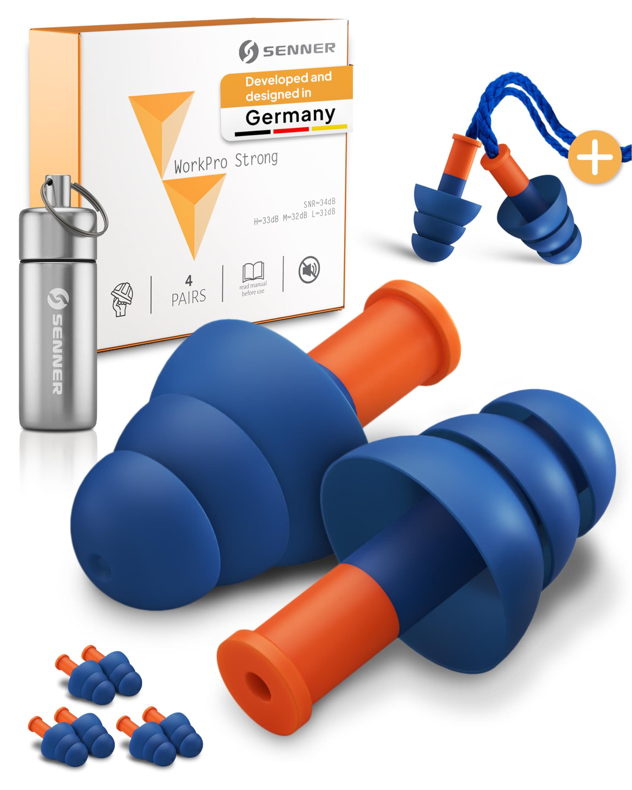 WorkPro Strong | Earplugs for Work – Ideal for Loud Noise Sources – Hearing Protection at Work and at Home – with 3 Extra Pairs, Nylon Cord, and Aluminum Container