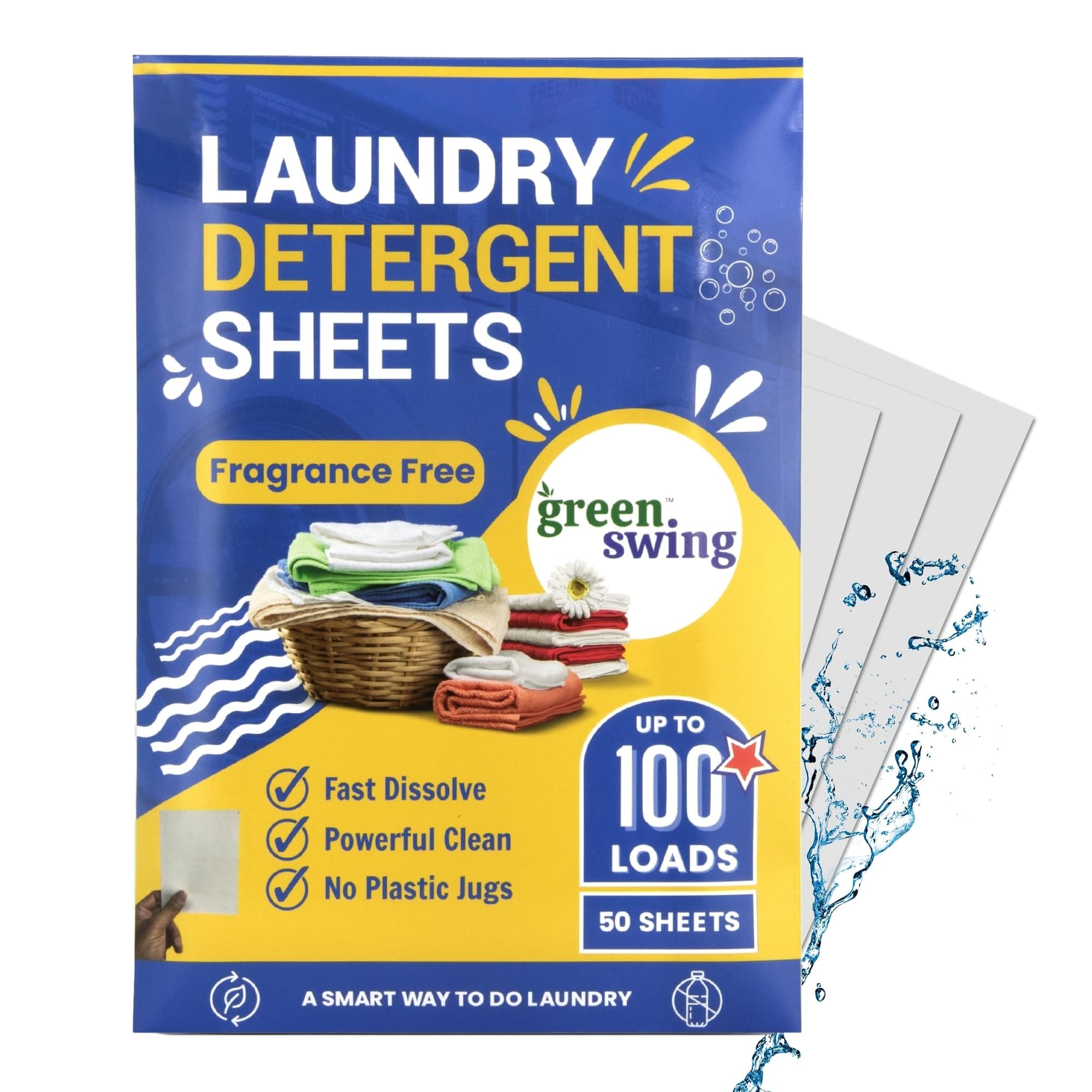 Green Swing Laundry Detergent Sheets - 100 Loads (50 Sheets) - Washer Strips - Liquid-Less Technology - No Plastic - Eco Sheet (Fragrance Free, 1 Pack)