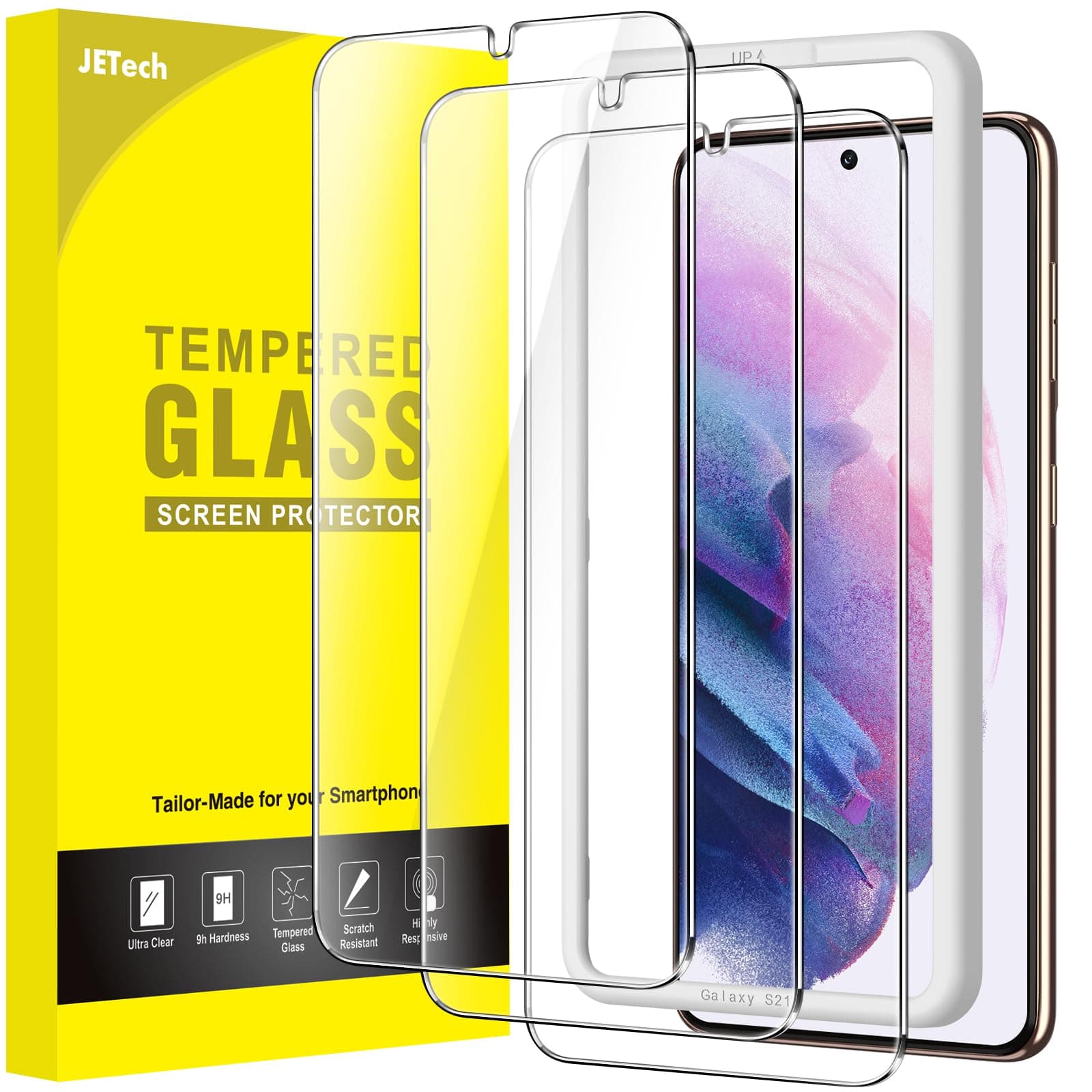 Screen Protector for Samsung Galaxy S21 5G 6.2-Inch, Tempered Glass Film with Easy Installation Tool, Fingerprint ID Compatible, HD Clear, 3-Pack