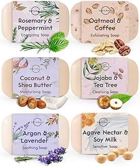 O Naturals 6 Piece Moisturizing Body Wash Soap Bar Collection. 100% Natural Made w/Organic Ingredients & Therapeutic Essential Oils. Face & Hands. Vegan. French Triple Milled. For Women & Men 4 Oz