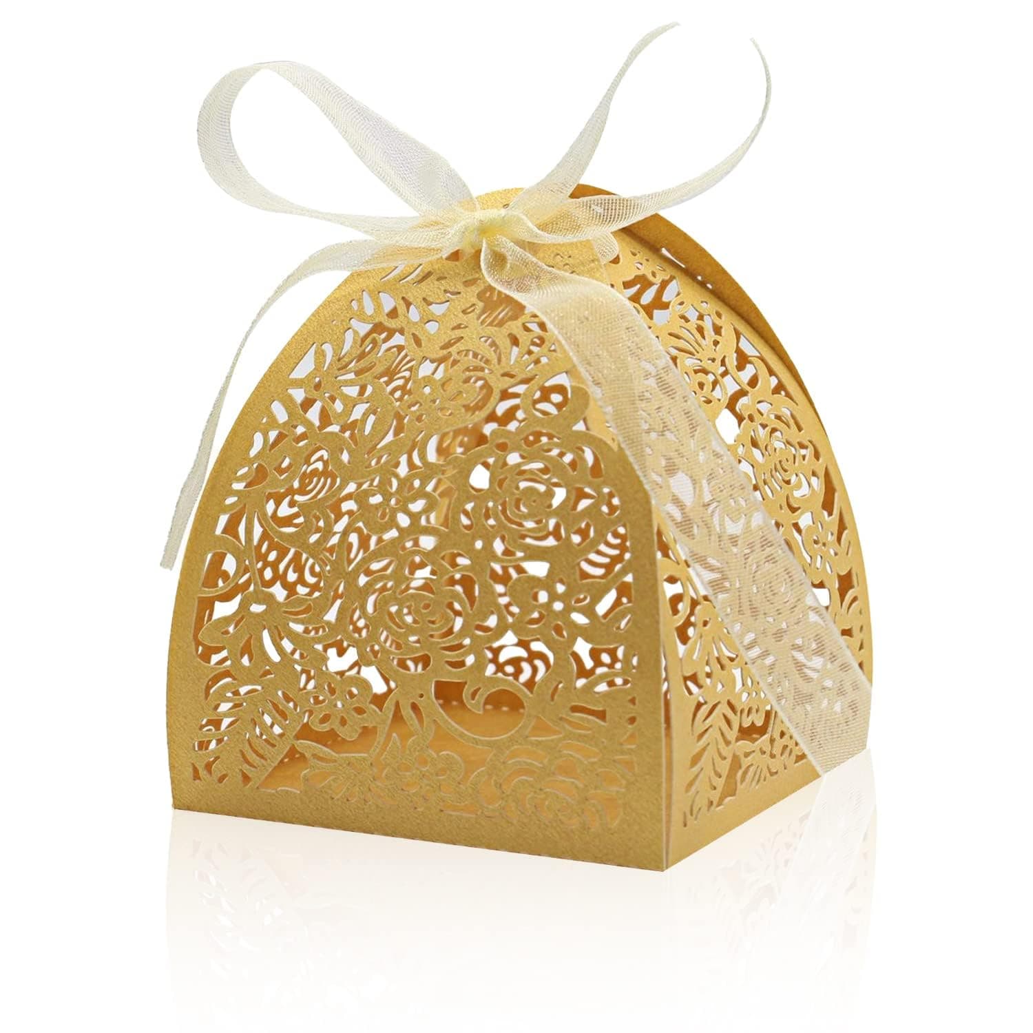 Bukela Laser Cut Rose Candy Boxes Wedding Anniversary Box for Party Favor Bridal Shower Decorative Boxes Beige Gift Wrap Boxes with Ribbons for Birthday Party Laser Cut Favor Boxes (Golden, 50pcs/Set)