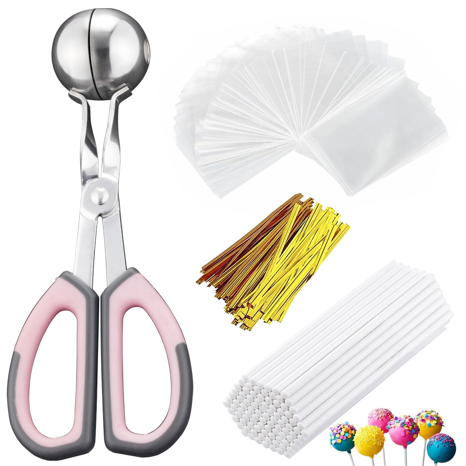 Cake Pop Kit, 100 Cake Pop Sticks, 100 Cake Pop Bags, 100 Twist Ties, 1 Cake Pop Mold Roller, Cake Pop Maker for Cakepops, Lollipop, Candies, Chocolates and Cookies