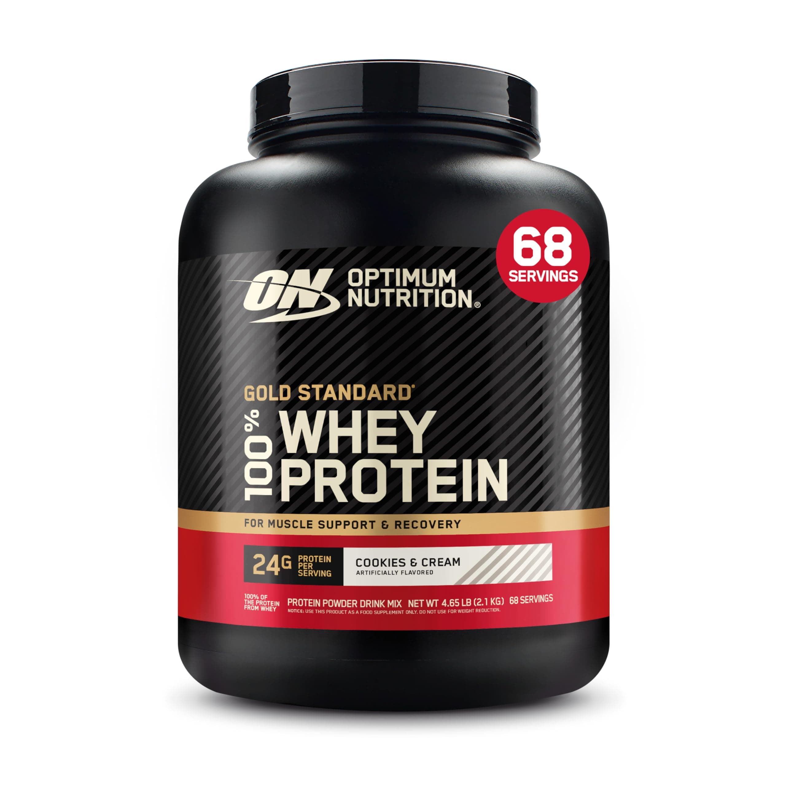 Optimum Nutrition (ON) Gold Standard 100% Whey Protein Powder Primary Source Isolate, 24 Grams of Protein for Muscle Support and Recovery - Cookies & Cream, 4.65 Lbs, 68 Servings (2.11 KG)