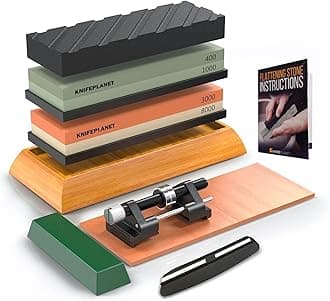 Premium Knife Sharpening Stone Set – 400/1000 and 3000/8000-Grit Professional, Safe Knife Sharpener Set – Whetstone Set Includes Flattening Stone, Bamboo Base, and 2 Nonslip Rubber Bases Tan