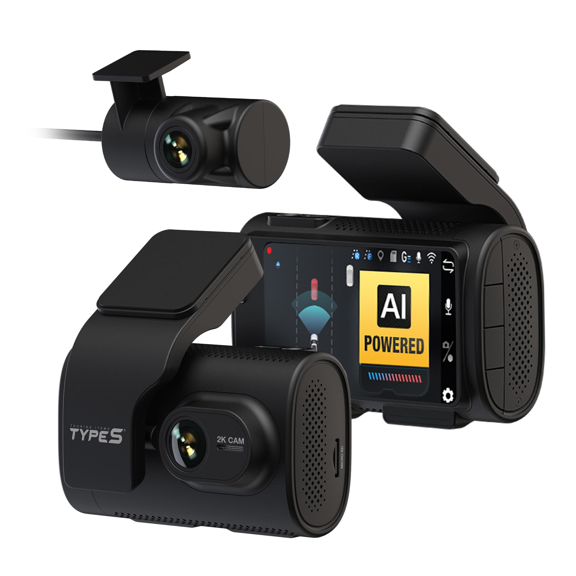 Type S T200 AI Driver Assistance Dash Cam Powered by ADAS, 1440p, Collision Alerts, Lane and Pedestrian Detection, Vehicle Departure Reminders, Front Rear 2 Channel Smart Incident Video Surveillance
