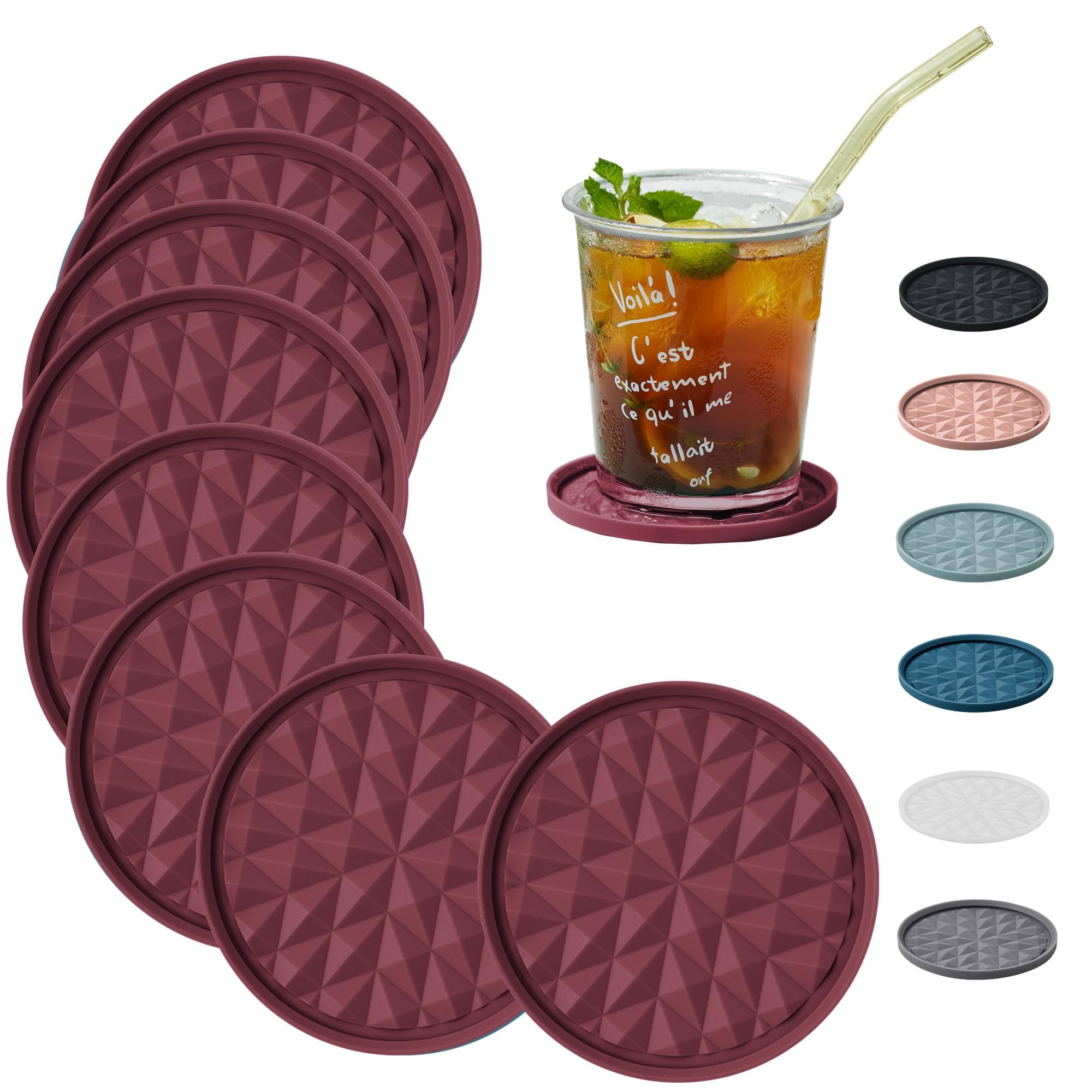 Silicone Coasters for Drinks[8 Pack, No Holder]- Cup Mat for Tabletop Protection-Non-Slip, Non-Stick, Coffee Table Decor, Great Gift for Any Occasion, Red