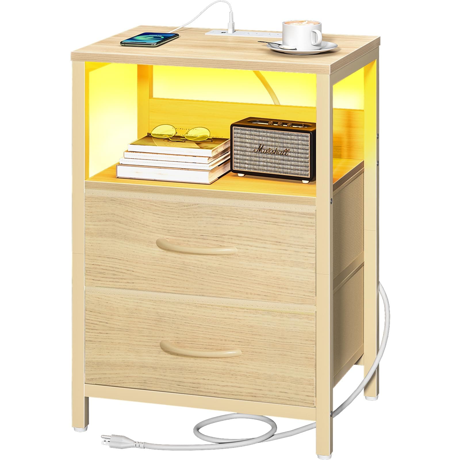 Yoobure Bedside table with charging station, LED bedside table with fabric drawers and storage rack for bedroom, bedside tables with USB ports and sockets, small holders