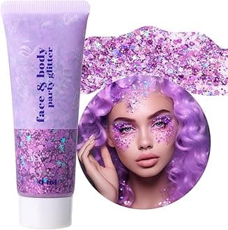 DAGEDA Purple Body Glitter Gel, Holographic Face Glitter Body Gel Rave Party Accessories, Chunky Glitters for Face Hair Nails, Cosmetic Laser Powder Festival Sequins Paint Makeup