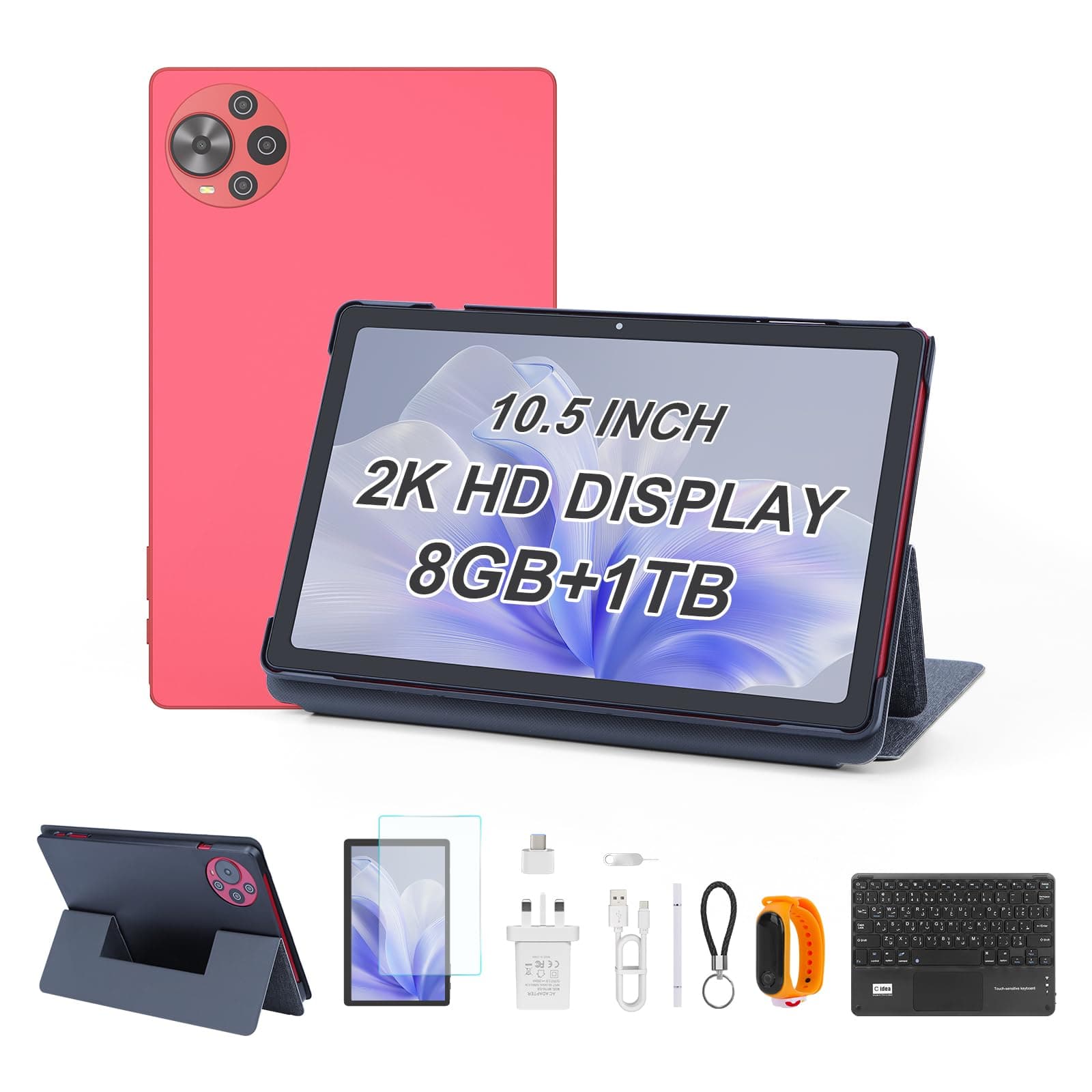 10.5 inch Tablet, Android 14 Tablet PC 8GB RAM +1TB ROM,Dual 5G LTE SIM,2K 1200x 2000 Display,10000 mAh Battery Tablet,CM10500 Plus (Red)