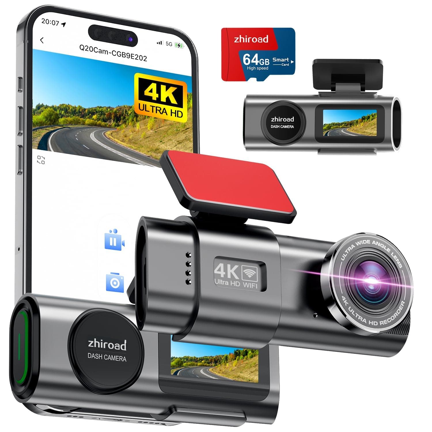 Dash Cam 4K UHD Front Dashcam with 64GB SD Card 2160P WiFi Car Camera,Smart App Control,WDR,Night Vision,Park Mode,G-Sensor,Loop Record,Support Max 256GB