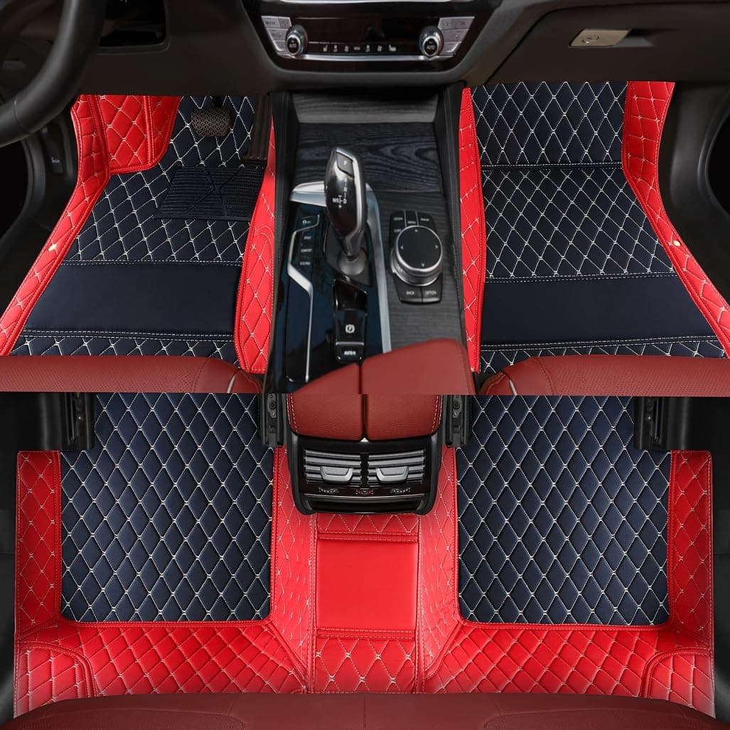 Custom Personalized Floor Mats ,Luxury Full Coverage All Weather Car Floor Mats,Anti-Slip Leather Car Mat Set ,Custom Floor Mat, for 99% of Cars, Trucks & SUV. (Black red)