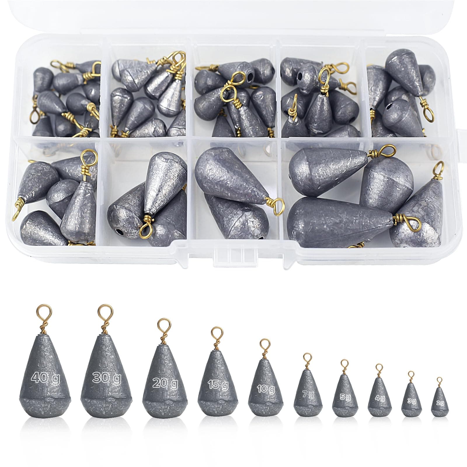Realure 55 Pcs Small Fishing Weights Mixed 10 Size Deep Sea Fishing Weights Assorted 2g 3g 4g 5g 7g 10g 15g 20g 30g 40g Iron Fishing Sinkers Weights with Swivel for River,Saltwater,Freshwater,Mackerel