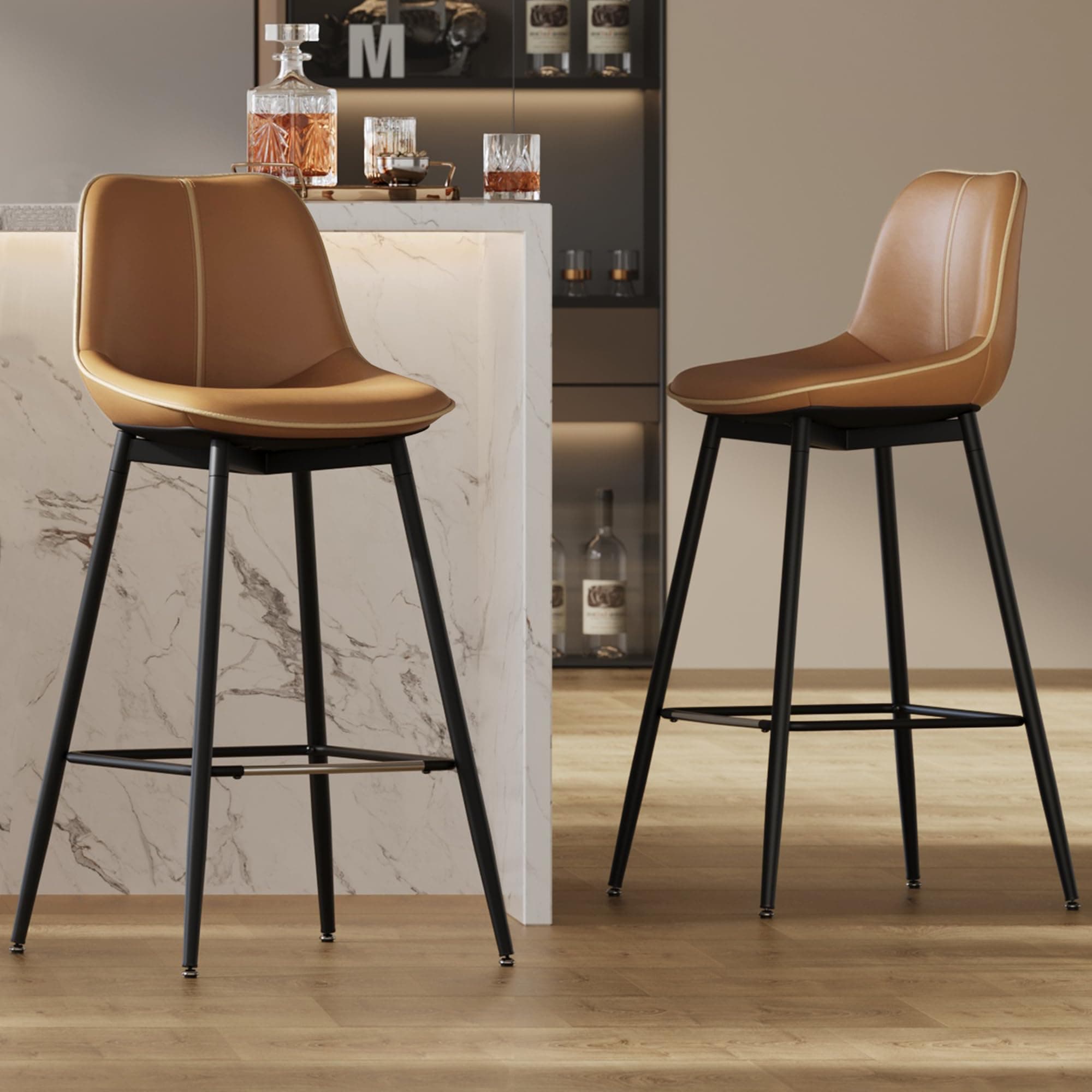 Bar Stools Set of 2, Bar Height Bar Stools with Back, Ergonomic Backrest, Synthetic Leather, Metal Legs, 28.5-Inch Tall Barstools for Kitchen Island Home Bar, Easy Assembly, Caramel Brown