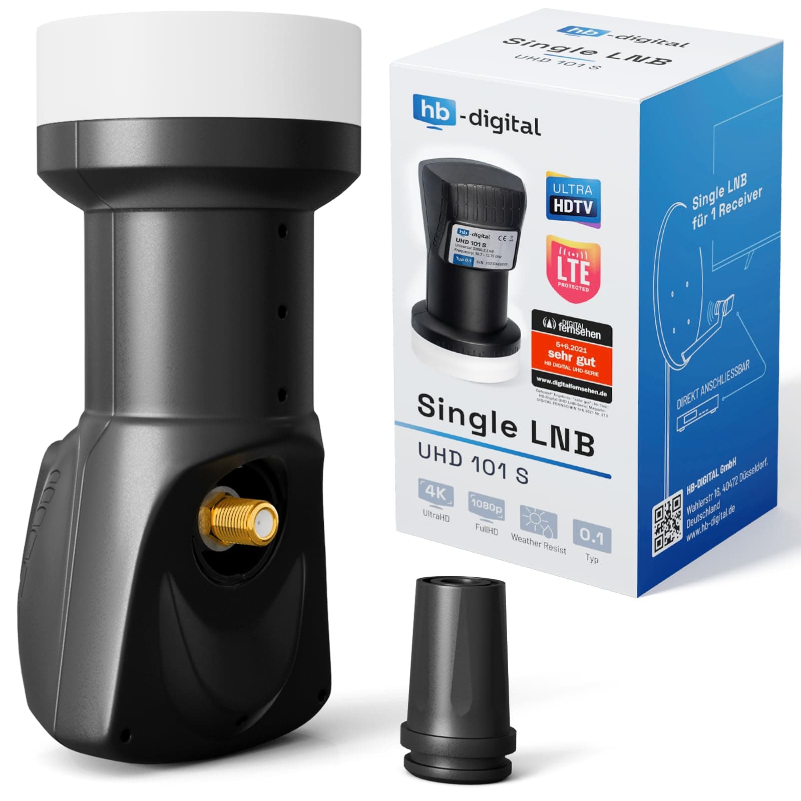 HB-DIGITAL Universal Single LNB Black - UHD 4K Full HD DVB-S/S2 - Noise factor of 0.1 dB - for satellite receiver (direct connection) - Gold-plated contacts - Weather protection