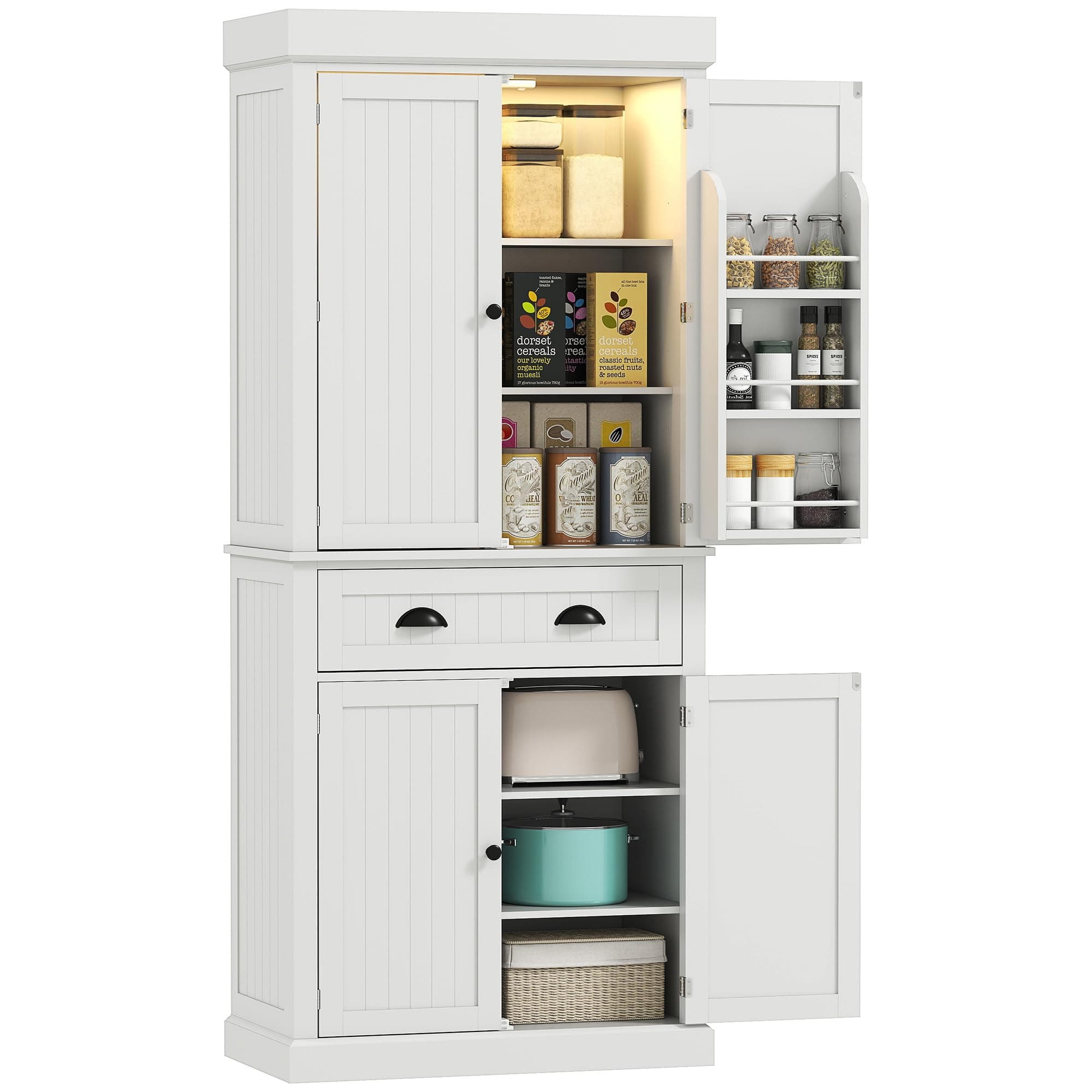 HOMCOM 71 Inch Kitchen Pantry Cabinet with LED Motion Sensor Light, Tall Storage Cabinet with 6 Door Shelves with Drawers & Adjustable Shelves for Living and Dining Room, White