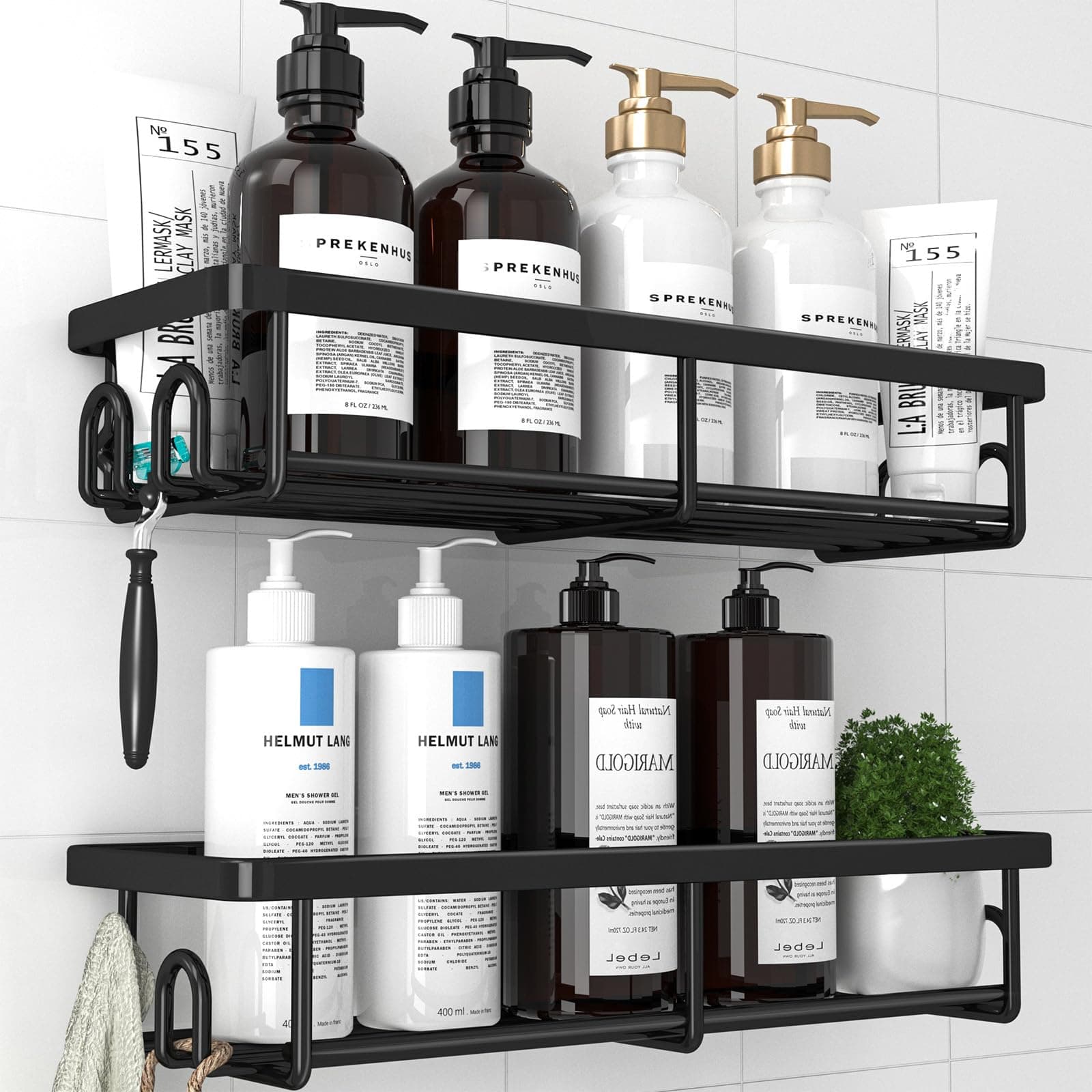 Kitsure 2 Pack Rustproof Shower Caddy - Minimalist Style Bathroom Shelves, Wall-Mounted Shower Shelf, Large Capacity&Durable Bathroom Accessory, Large, Black