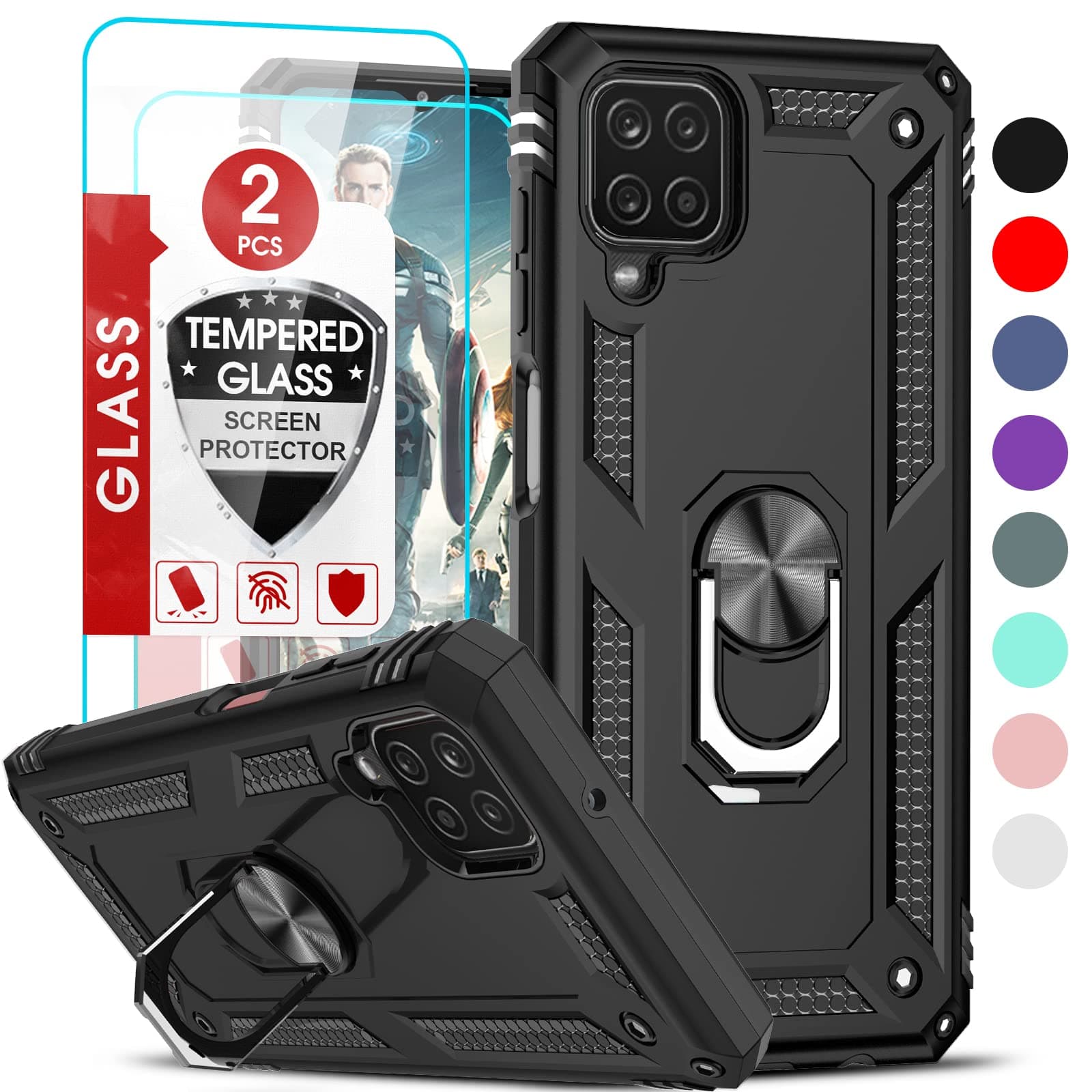 LeYi Compatible for Galaxy A12 Case,Samsung A12 Case with [2 Pack] Tempered Glass Screen Protector, [Military-Grade] Protective Phone Case Cover with Ring Kickstand for Samsung Galaxy A12 5G,Black