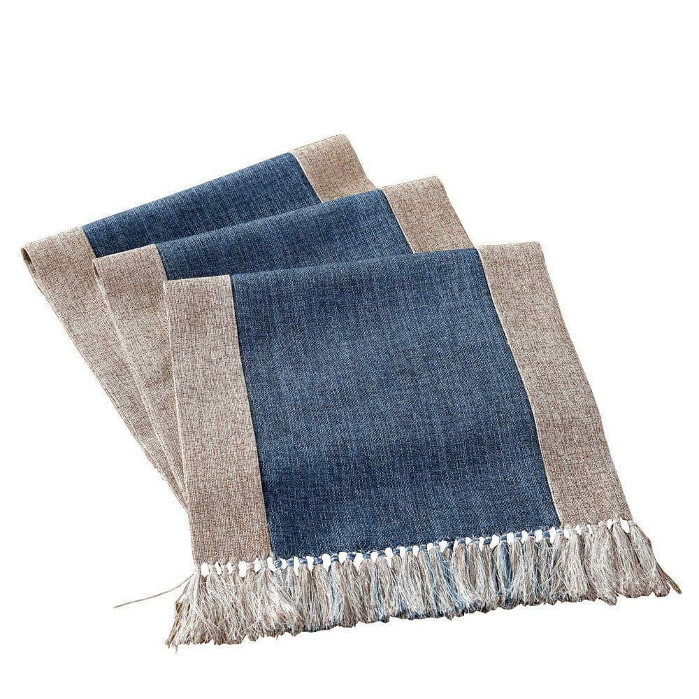Navy Linen Blend Rustic Dining Table Runner With Fringe - Heat Resistant, Long for Rectangle Kitchen Table, Rustic Style, 15 x 86.5 Inch, Blue