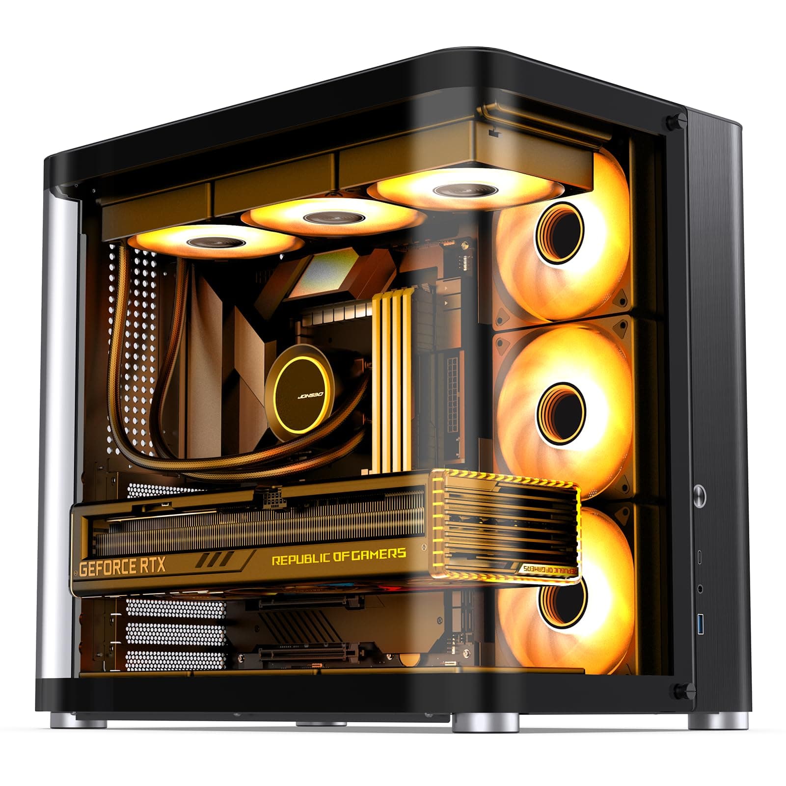 TK-2 Black ATX Mid-Tower Pc Case,Hyperboloid Glass Design, Separated Cabinet Structure, Al Alloy Shell Desktop Computer Case, Support ATX Power supply/360 AIO, Black