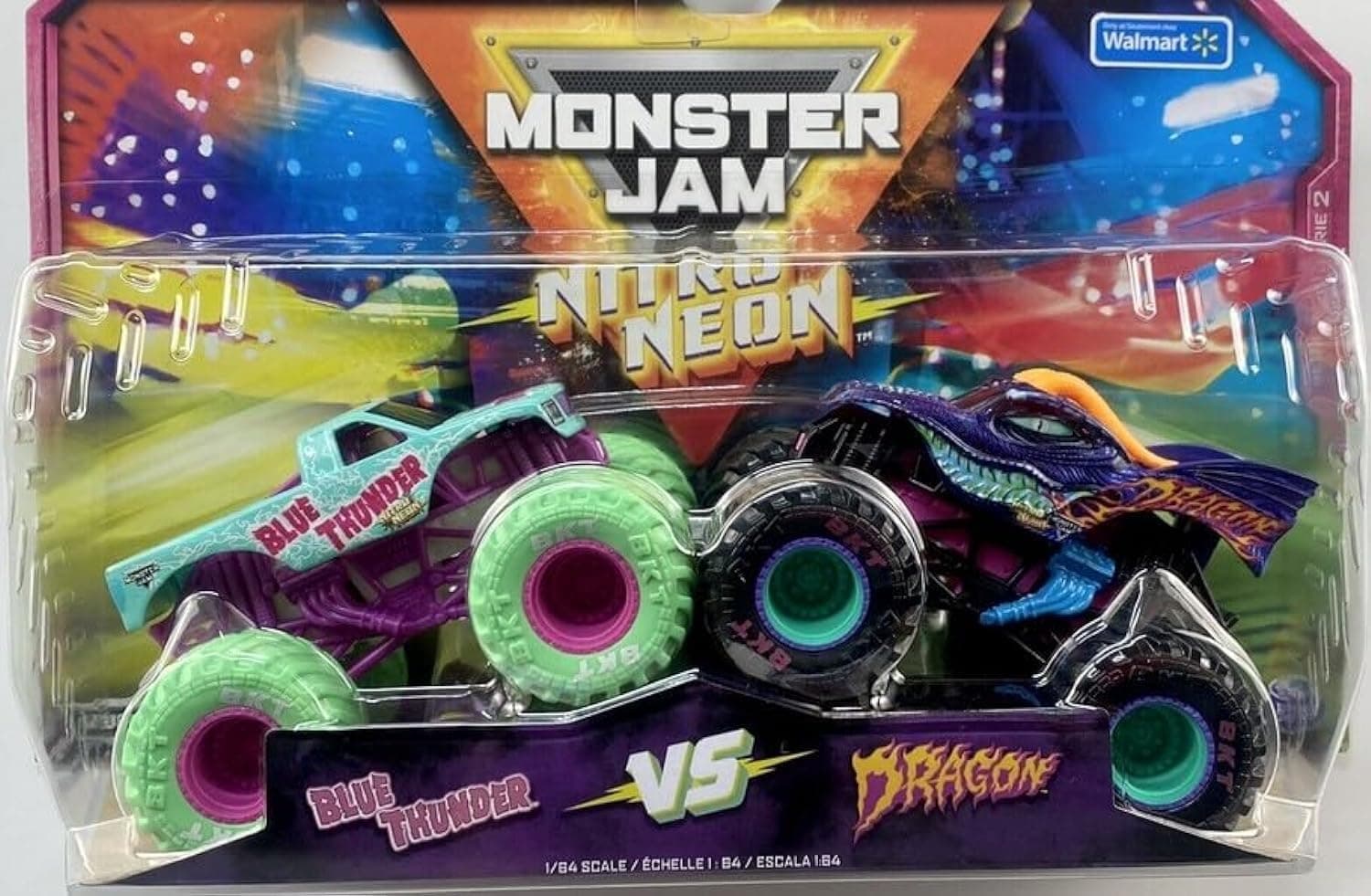 Monster Jam Nitro Neon Blue Thunder vs Dragon (1:64 Scale Double Pack)