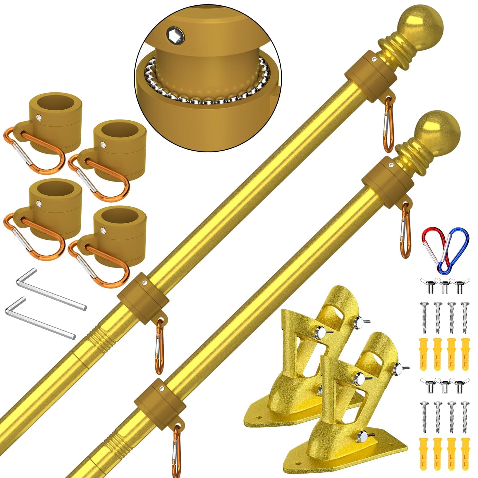 ZMTECH Flag Pole - Upgraded Bracket, (2 Packs) 6 FT Stainless Steel Flag Poles for Outside House, Residential or Commerical, Tangle Free Flag Pole Kit for American Flag (Without Flag, Gold)