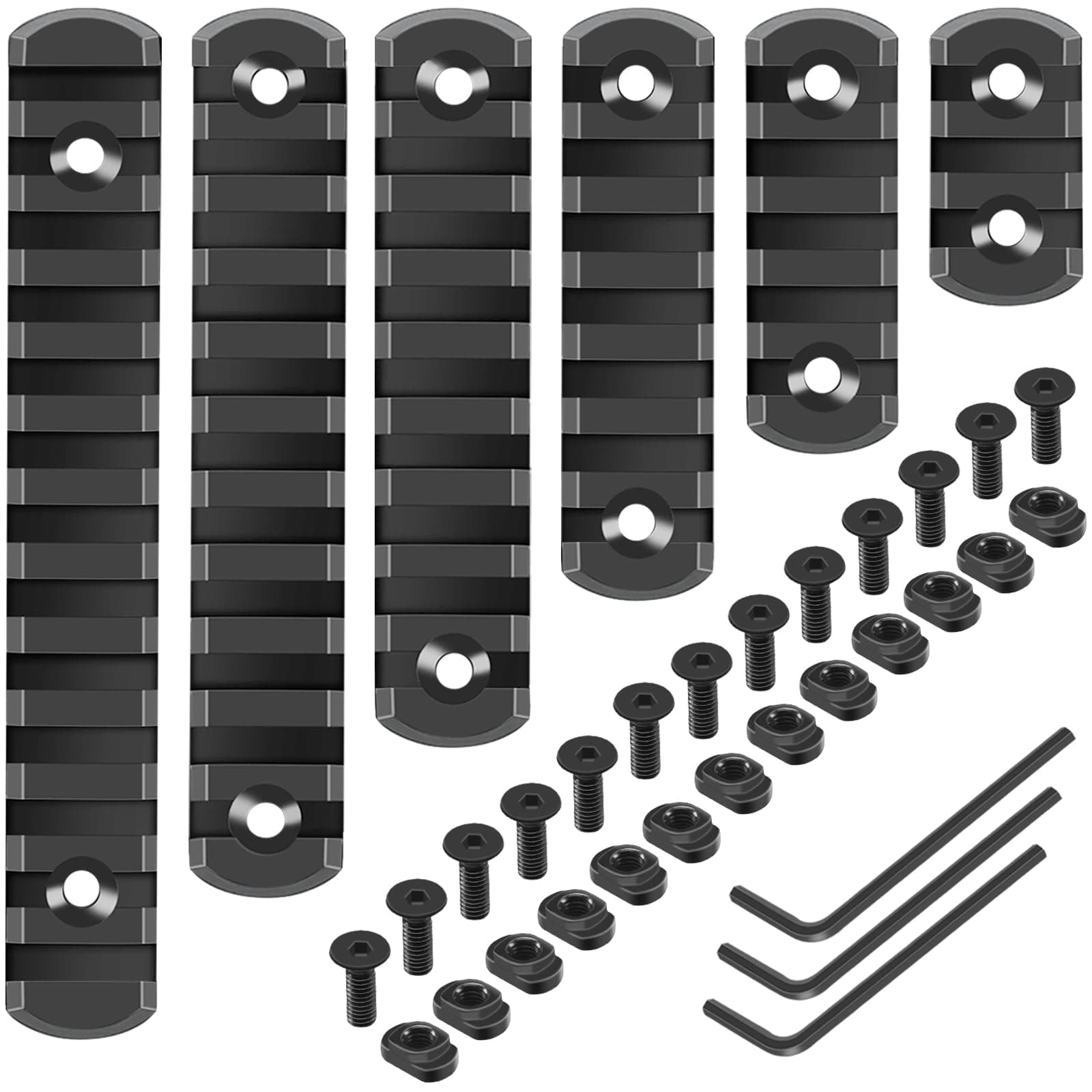 REERON Single Picatinny Rail Section Adapter 6 Pack 3 5 7 9 11 13 Slot Aluminum Picatinny Rails Accessory with 13 T-Nuts & Screws, 3 Allen Wrench - Rounded Corner, Black