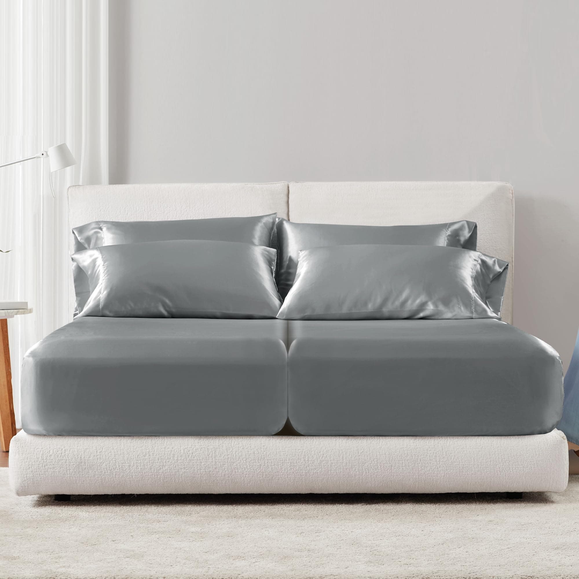 Madison Park Satin Sheets Split King Size, Luxurious Silky Bed Sheets, Elastic 14" Pocket fits up to 16" Mattress, Wrinkle-Free, Soft Satin Bed Sheet Set, Grey 7 Piece