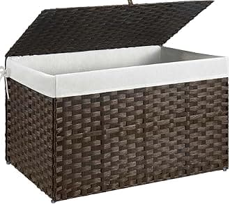 GREENSTELL Storage Basket with Lid, 42.3 Gallon(160L) Lagre Wicker Blanket Storage Basket with Handles, Foldable, 2 Removable Liner Bags, Metal Frame, for Bedroom, Laundry Room, Brown