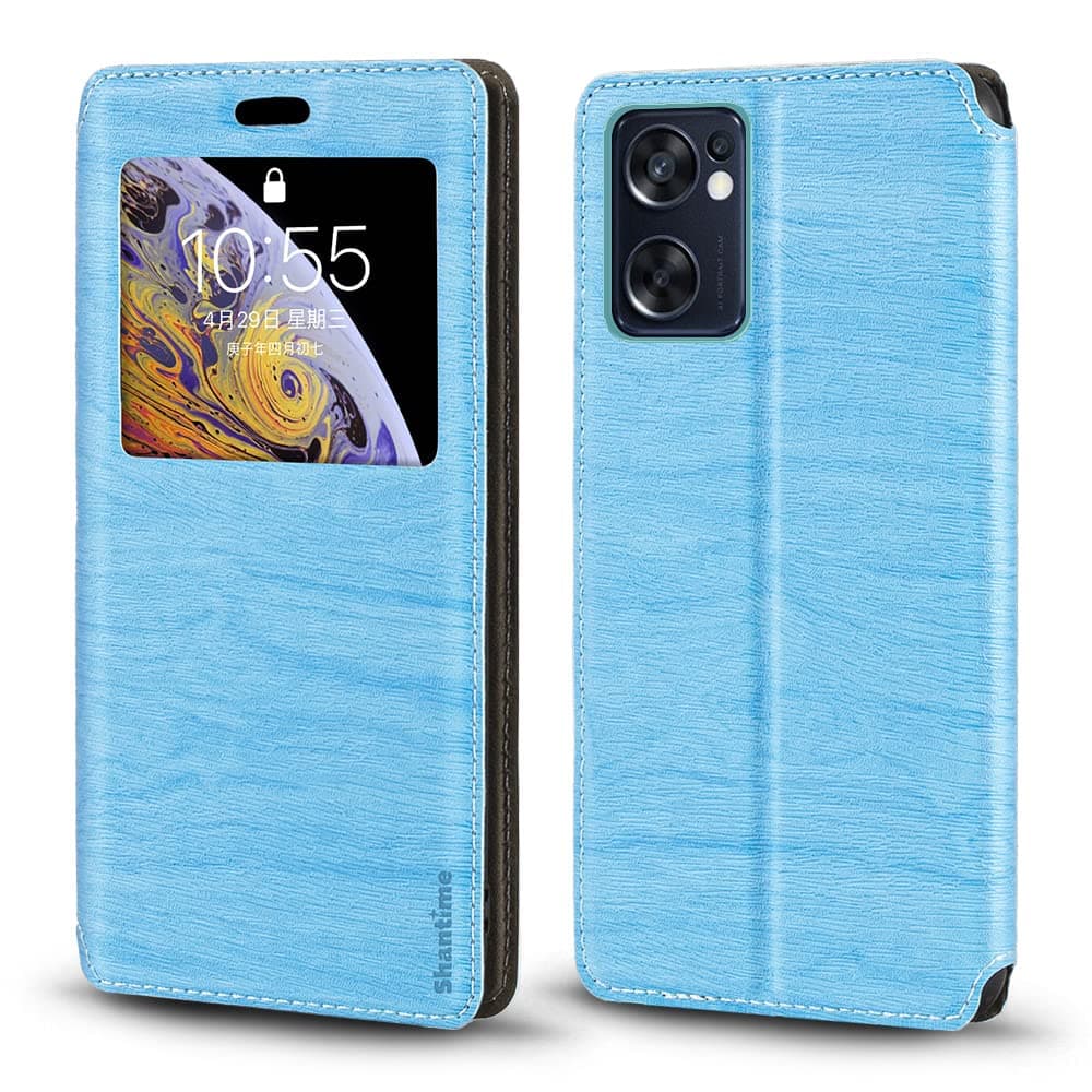 Viewable Window Leather Flip Case Compatible with OPPO Reno 7 SE 5G, Elegant Design Clear Display Invisible Magnetic Cover and Card Slot(Lightblue)