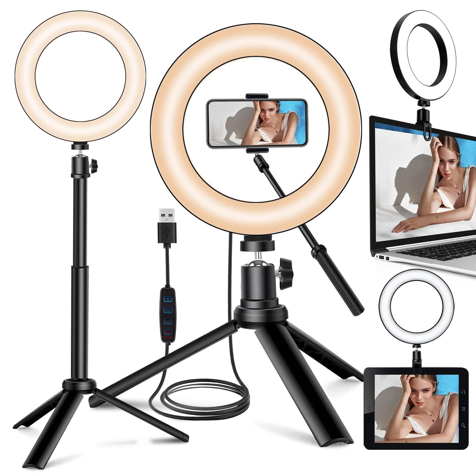 Selfie Ring Light for Zoom Meeting, Dimmable Desktop LED Circle Light with Tripod Stand, 6'' Lighting Kit Gifts for Live Streaming/Laptop Video Conference/Makeup/YouTube/Vlog/Video Recording