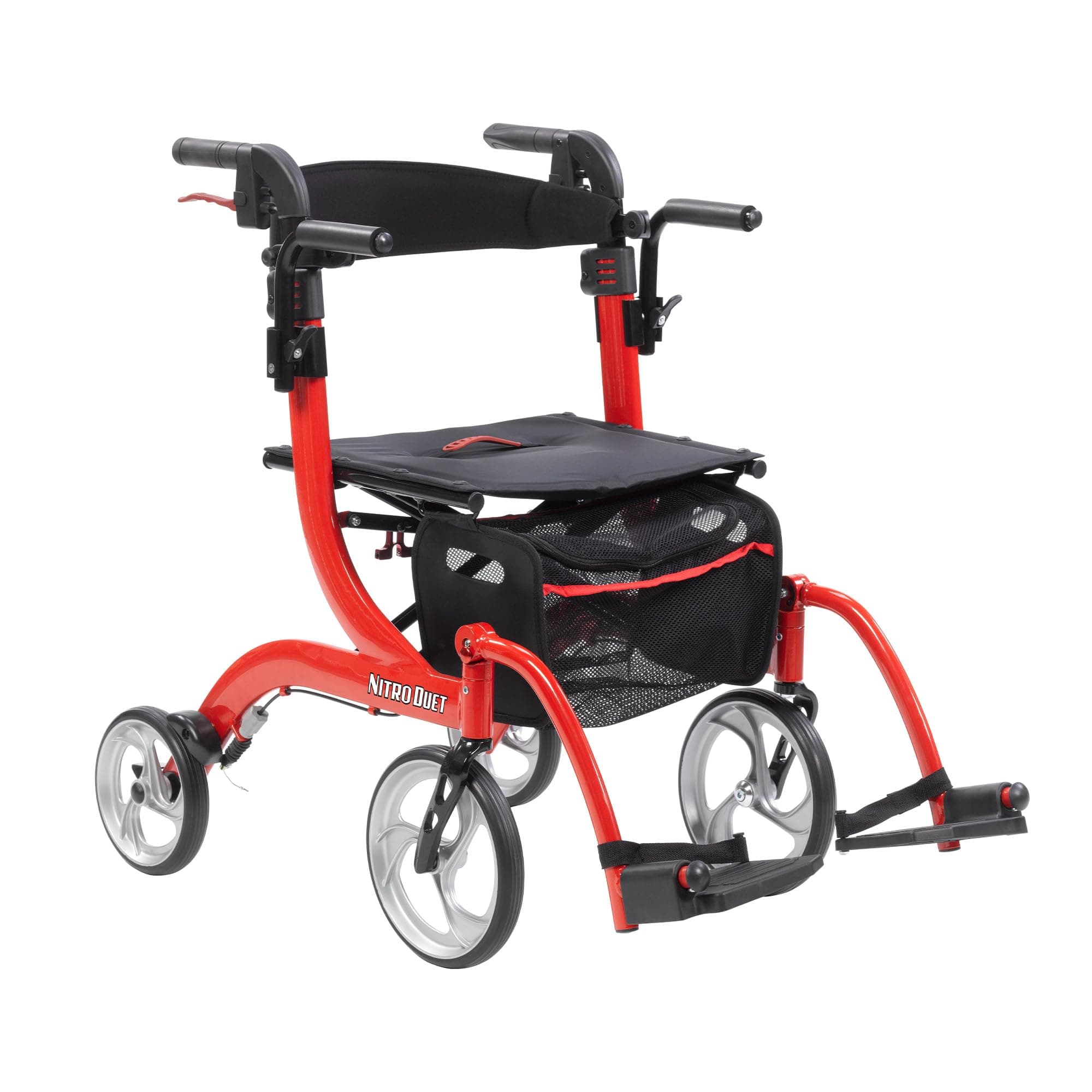 Drive Medical Nitro Duet Dual Function Foldable Rollator Walker & Transport Wheelchair for Seniors & Adults - Hand Activated Brakes & Back Support - Large Front Wheels - Red