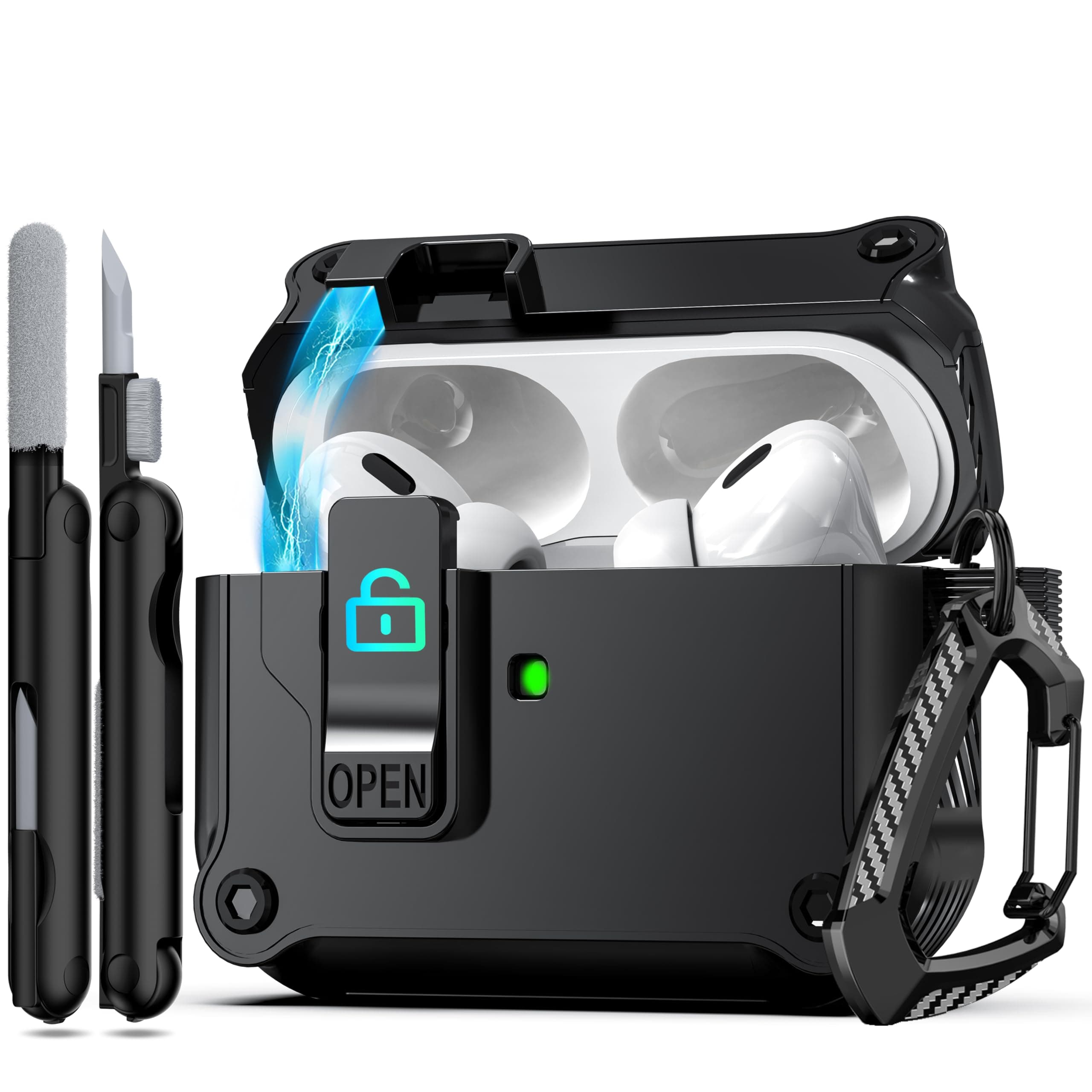 RFUNGUANGO Compatible with AirPods Pro 2nd/1st Case with Secure Lock Clip,Automatic Pop-up Case Full-Body Shockproof Hard Protective Cover Compatible with AirPods Pro 2 (2023/2022/2019),Black