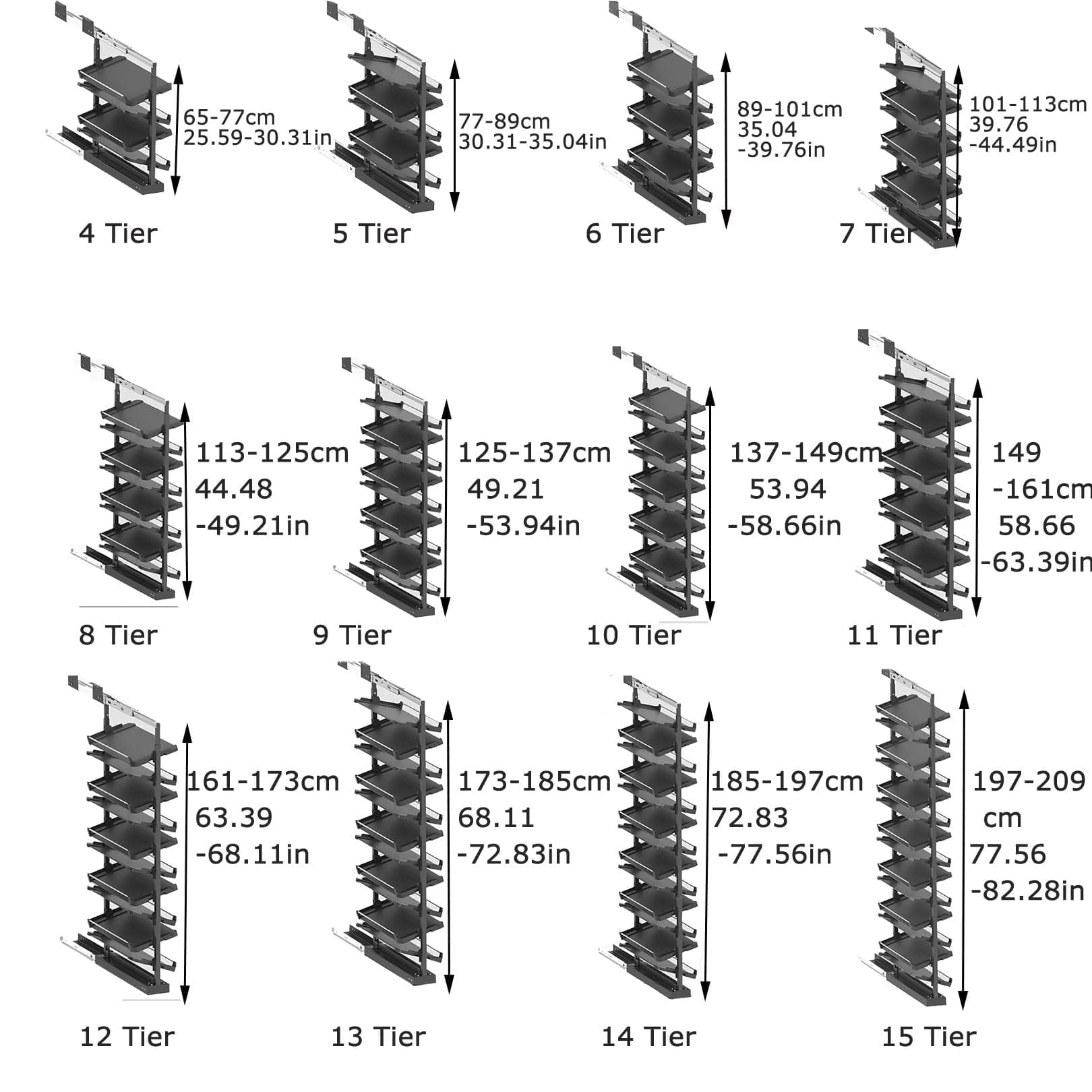 Pull-Out Shoe Rack Organizer for Closet Shoe Cabinet,Adjustable Height Retractable Metal Stackable Shoe Rack, Vertical Shelf Organizer for Small Bedroom Closet, Space Saving Storage, Black(72cm,7 Tier