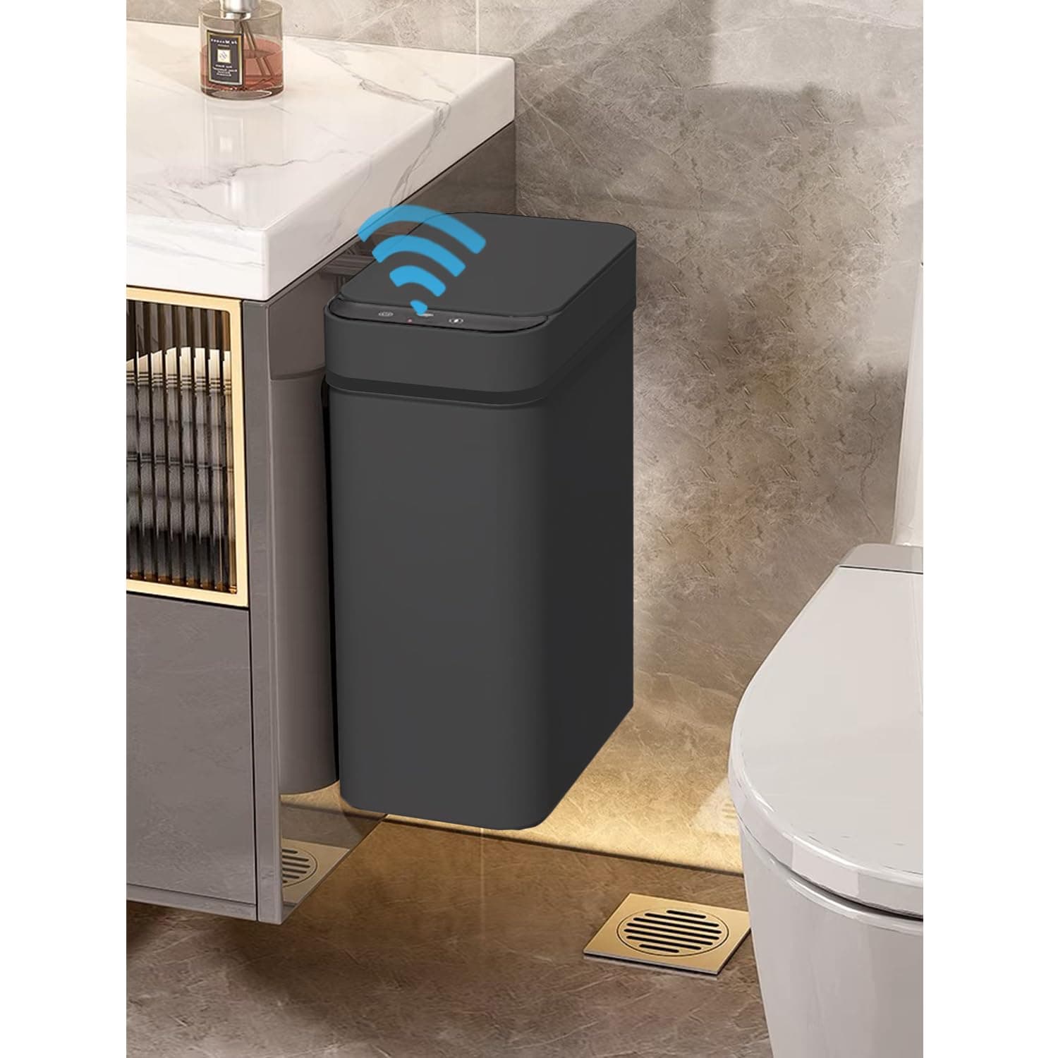 Yatmung Hanging Small Automatic Trash Can with Lid - 2.5 Gallons Skinny Garbage Can Smart - Electric, Narrow, Plastic, Bathroom - Slim Touchless Trash Bin Motion Sensor 10 Liters (Matte Black)
